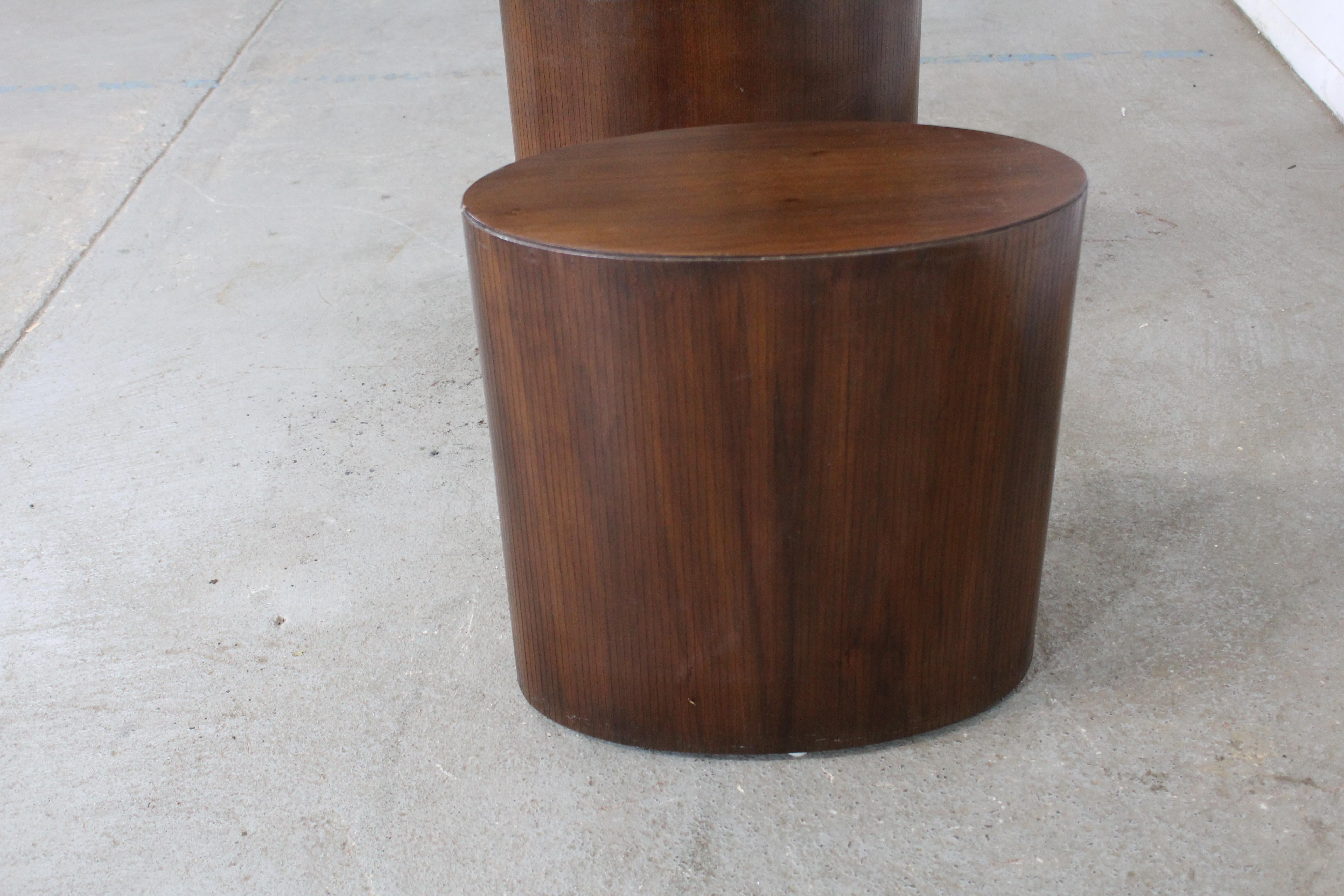 Chrome Pair of Mid-Century Modern Oval Walnut Pedestal/Stands/End Table by Lane