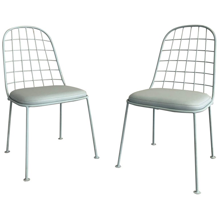 Pair Of Mid Century Modern Painted Wrought Iron Outdoor Patio Chairs
