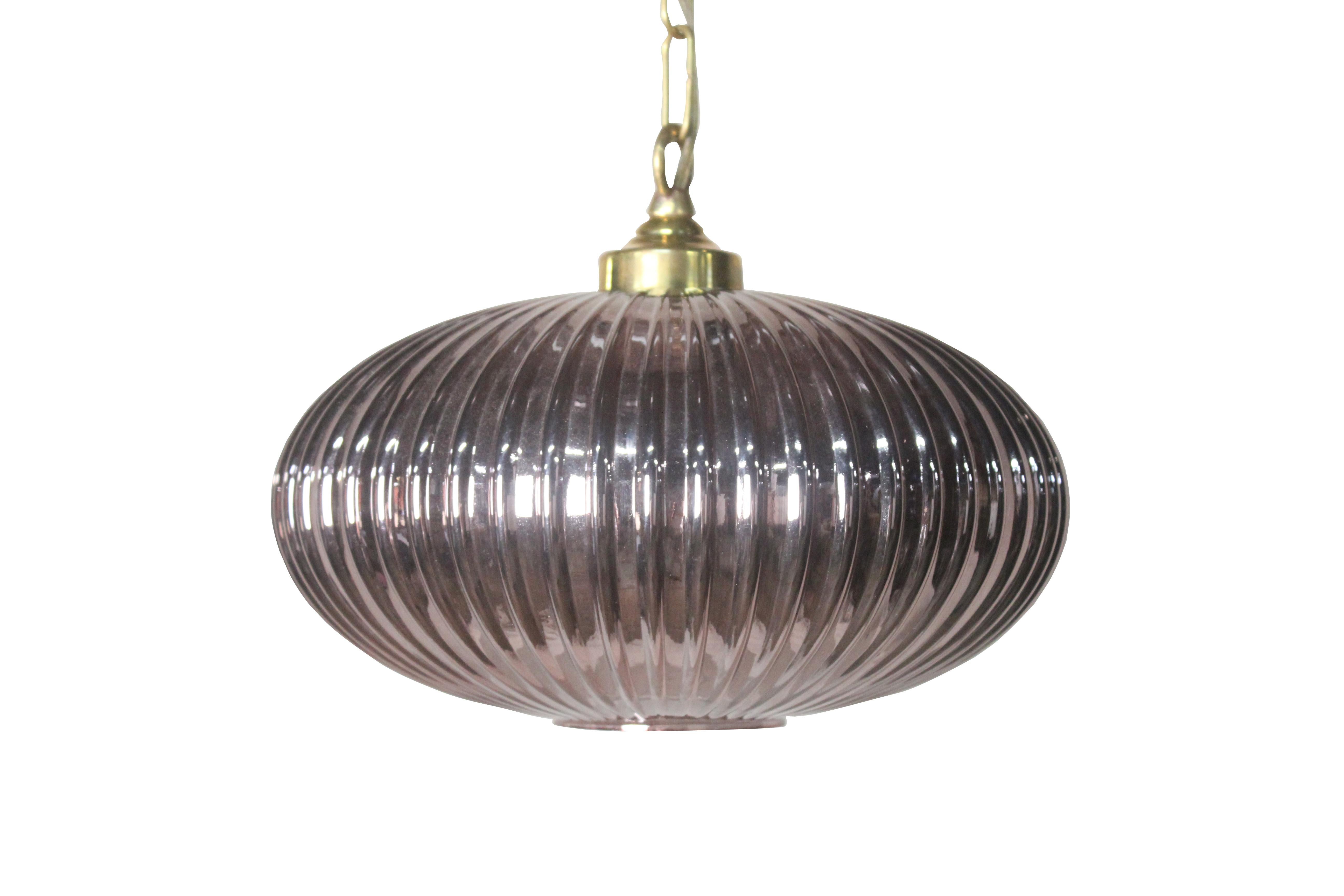 Pair of Mid-Century Modern Pale Amethyst Ribbed Glass Pendant Lights In Excellent Condition For Sale In Nantucket, MA