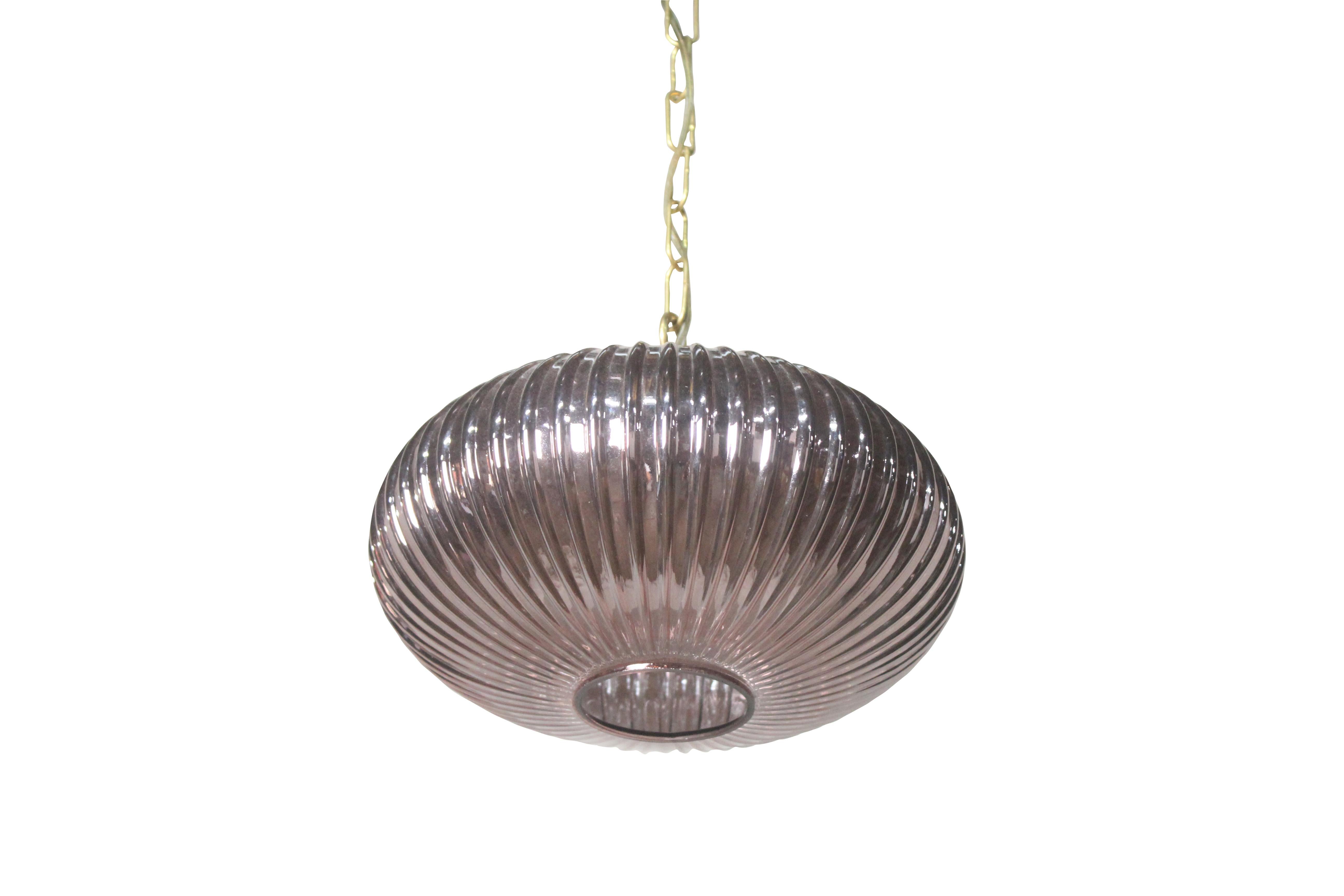 20th Century Pair of Mid-Century Modern Pale Amethyst Ribbed Glass Pendant Lights For Sale