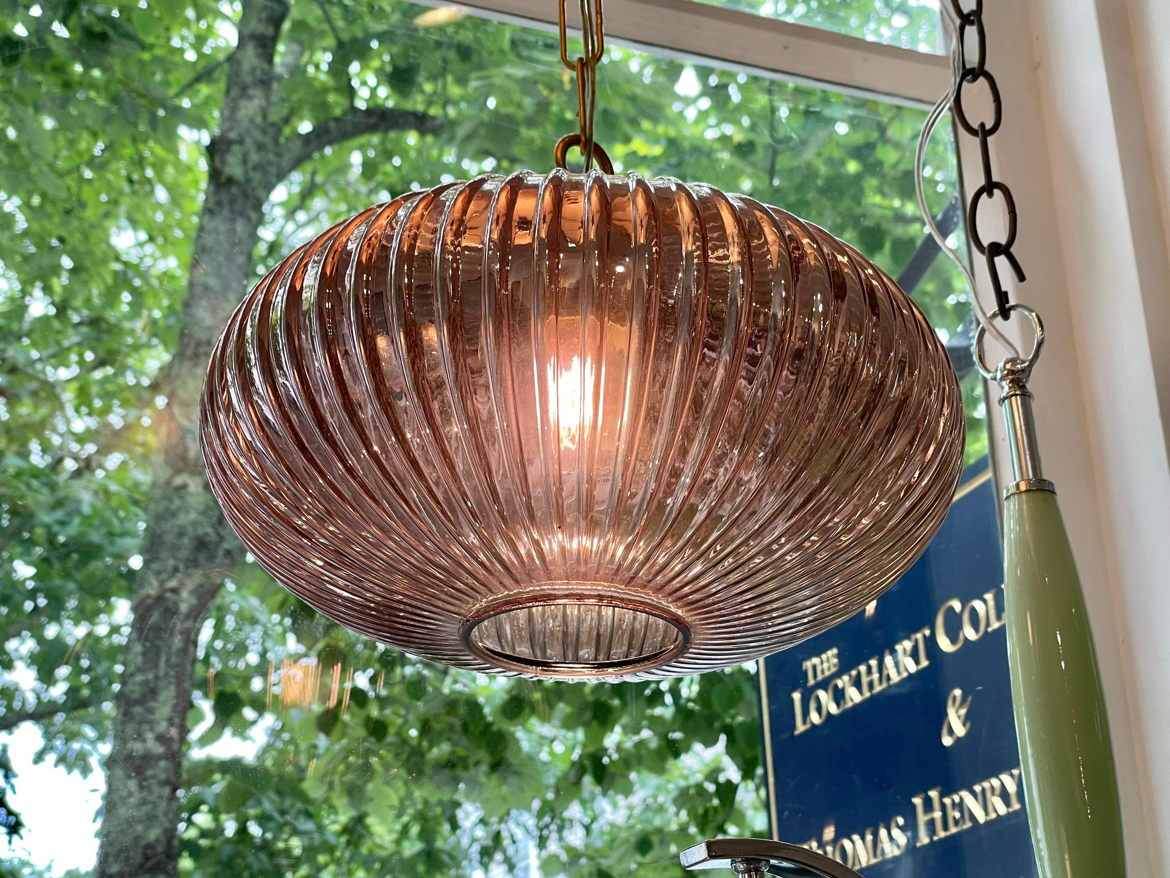 Art Glass Pair of Mid-Century Modern Pale Amethyst Ribbed Glass Pendant Lights For Sale