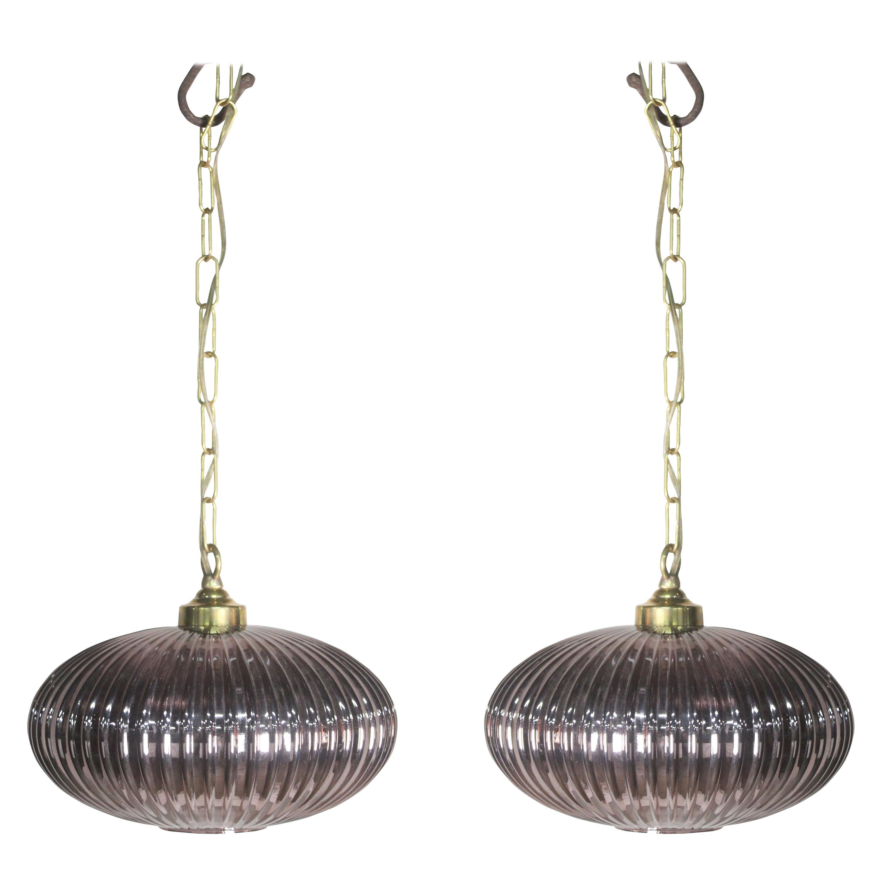 Pair of Mid-Century Modern Pale Amethyst Ribbed Glass Pendant Lights