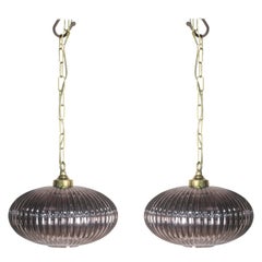 Pair of Mid-Century Modern Pale Amethyst Ribbed Glass Pendant Lights