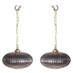 Retro Pair of Mid-Century Modern Pale Amethyst Ribbed Glass Pendant Lights