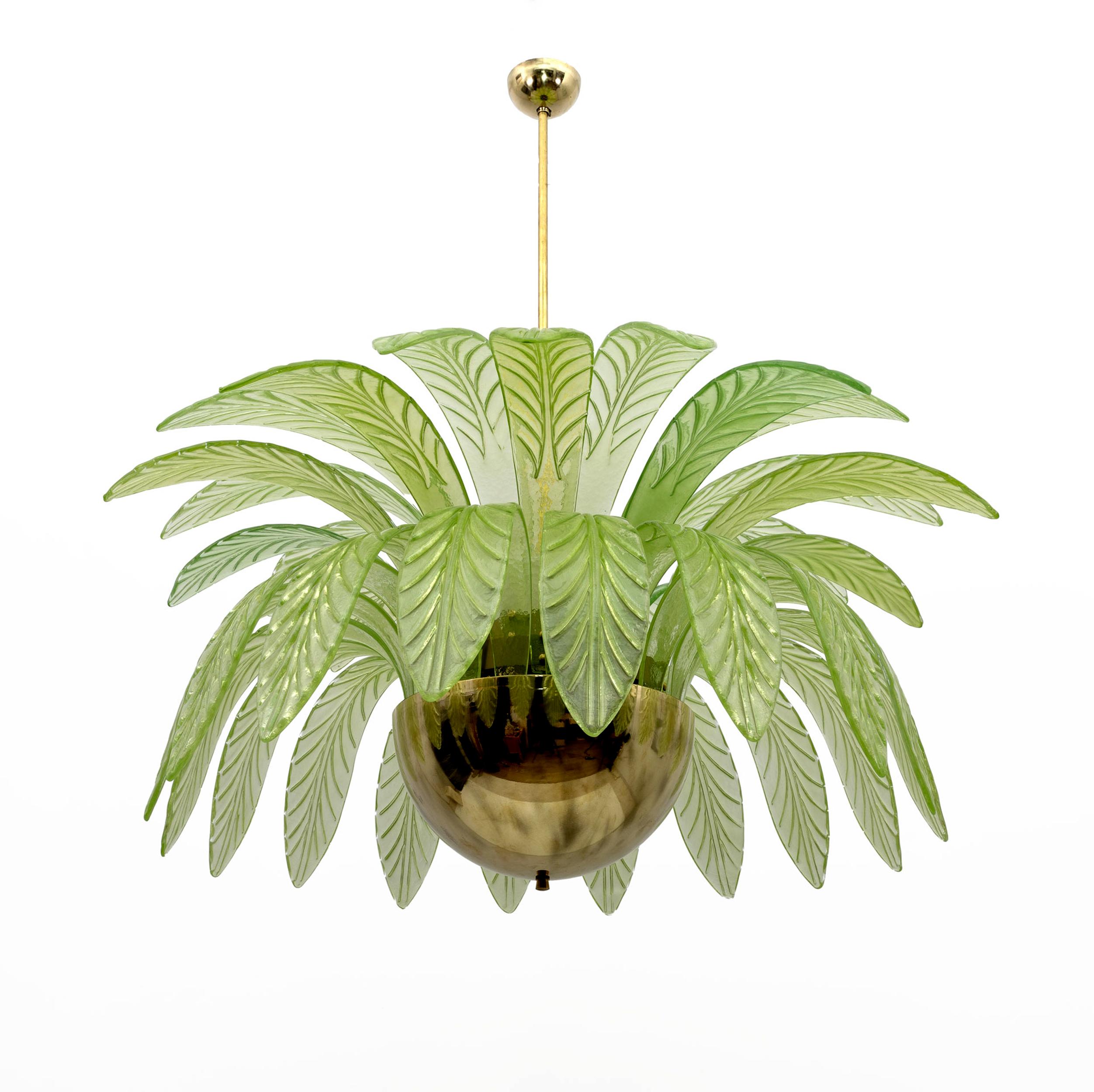 Pair of large mouth-blown Murano glass chandeliers, 38 green Murano glass leaves, brass frame, 12 bulbs. The chandelier reproduces the crown of a palm tree. Rewired for E14 or E12 bulbs for the USA. The minimum height, if you want to shorten the