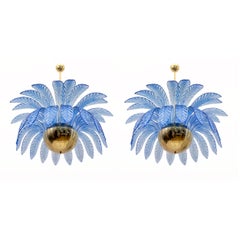 Pair of Mid-Century Modern Palm Leaves Big Chandelier Murano Glass and Brass