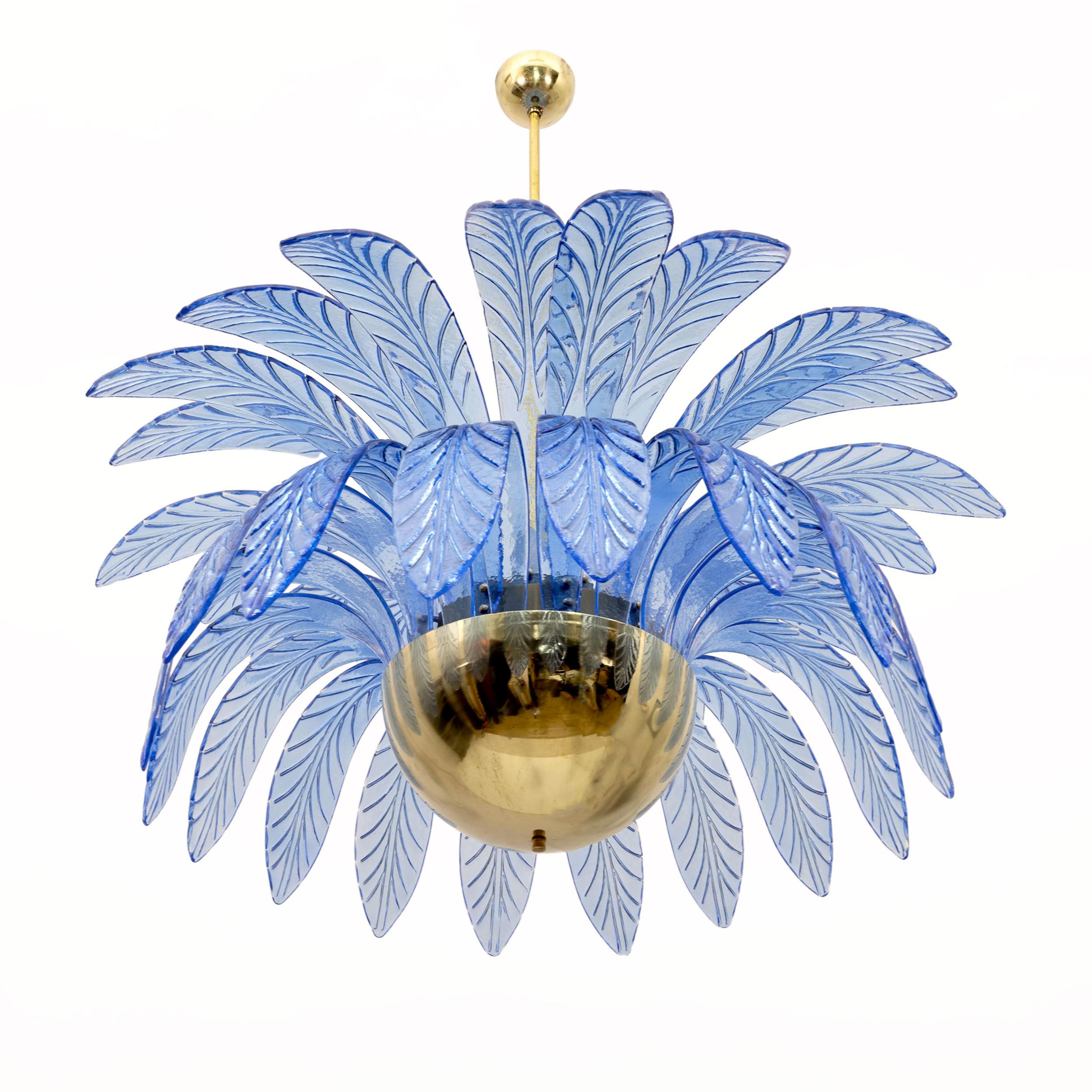 Italian Pair of Mid-Century Modern Palm Leaves Big Chandelier Murano Glass and Brass