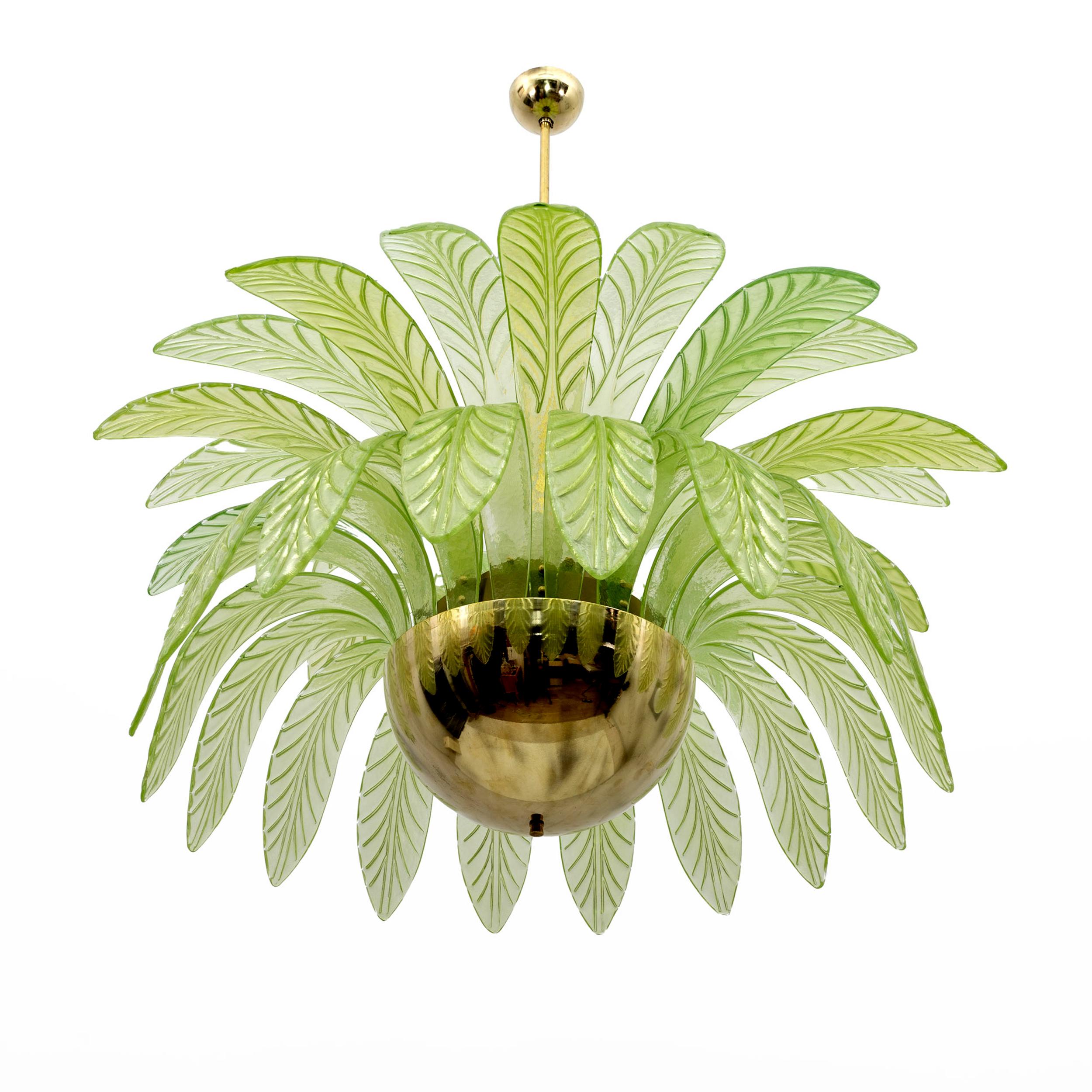 Contemporary Pair of Mid-Century Modern Palm Leaves Big Chandelier Murano Glass and Brass