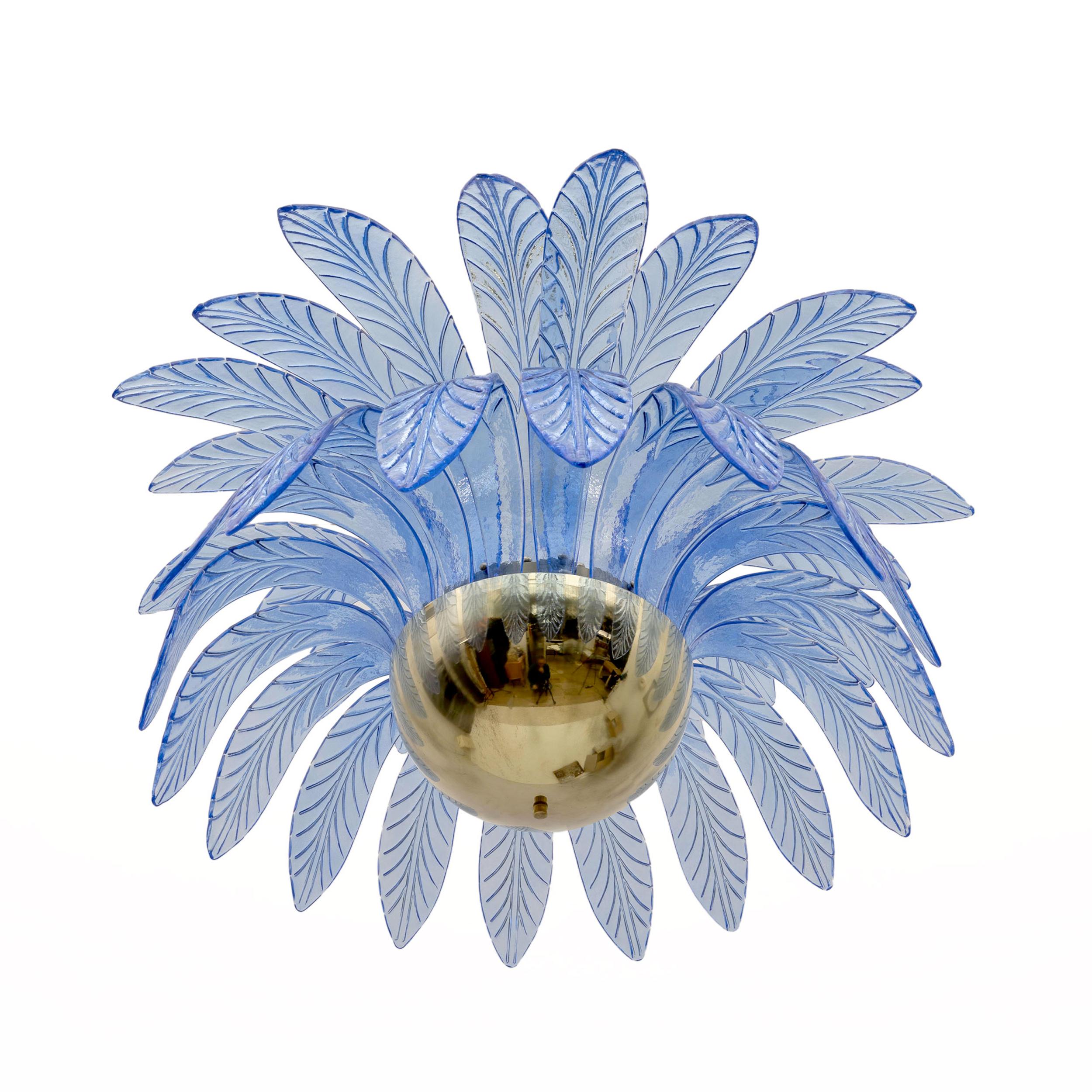 Contemporary Pair of Mid-Century Modern Palm Leaves Big Chandelier Murano Glass and Brass
