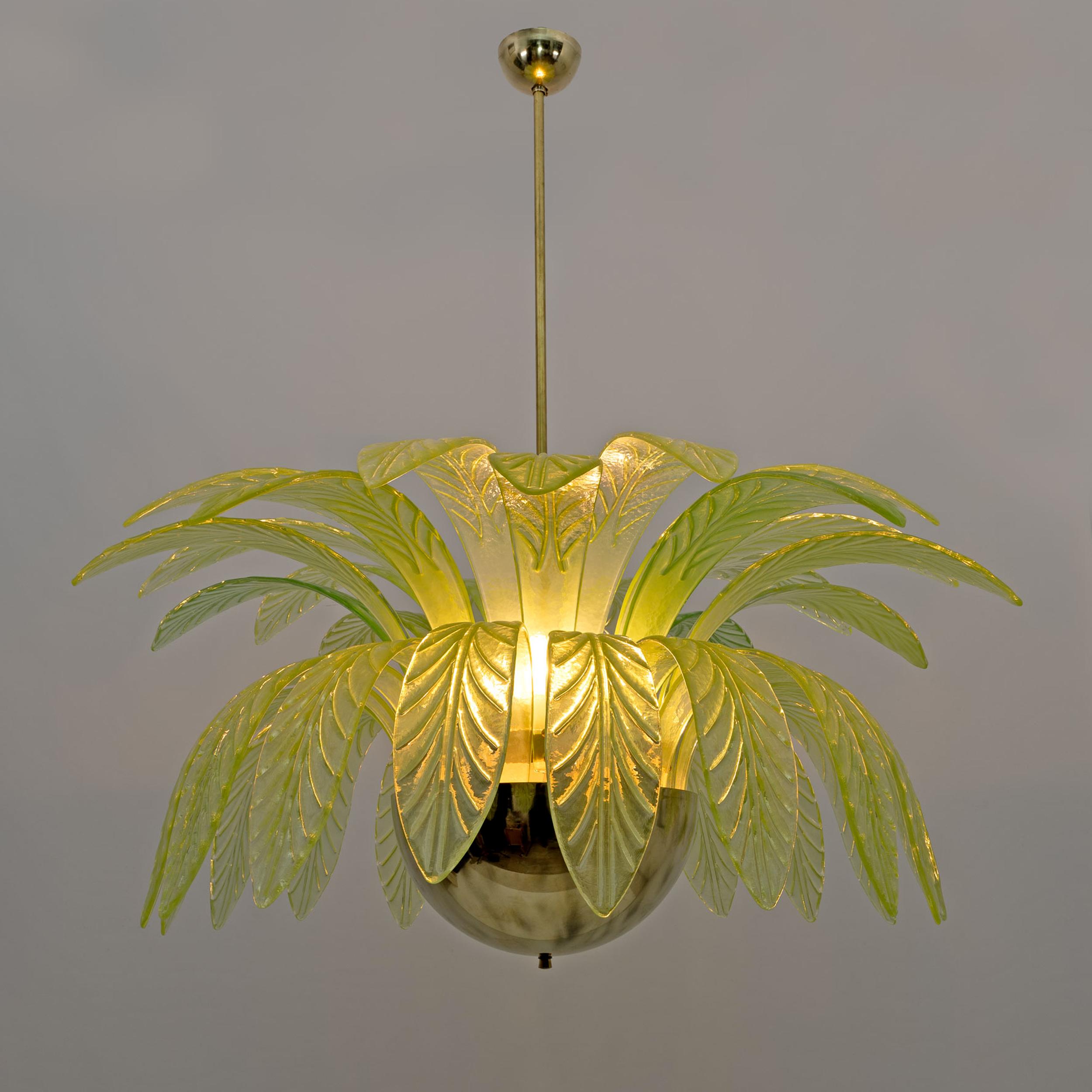 Pair of Mid-Century Modern Palm Leaves Big Chandelier Murano Glass and Brass 1