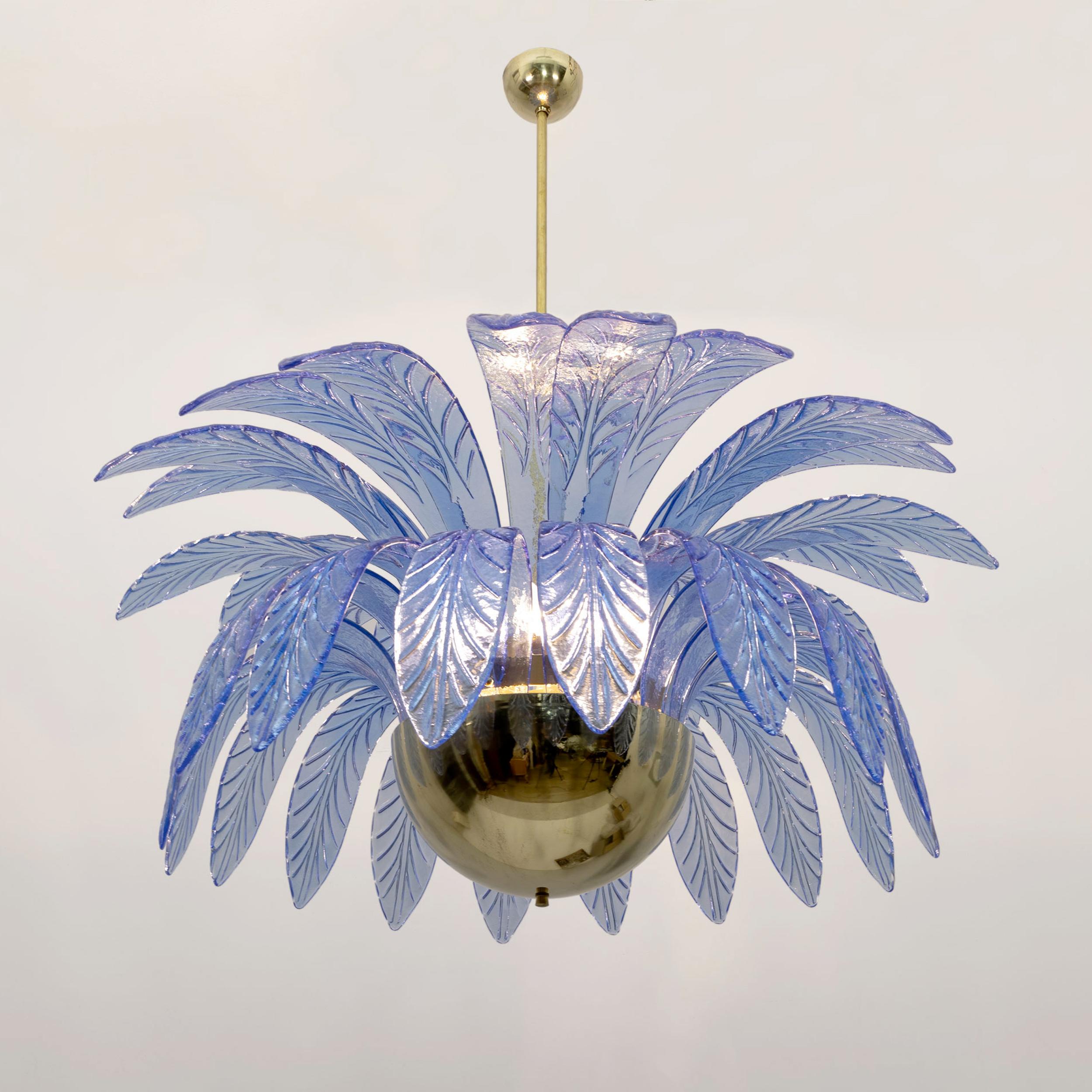 Pair of Mid-Century Modern Palm Leaves Big Chandelier Murano Glass and Brass 1