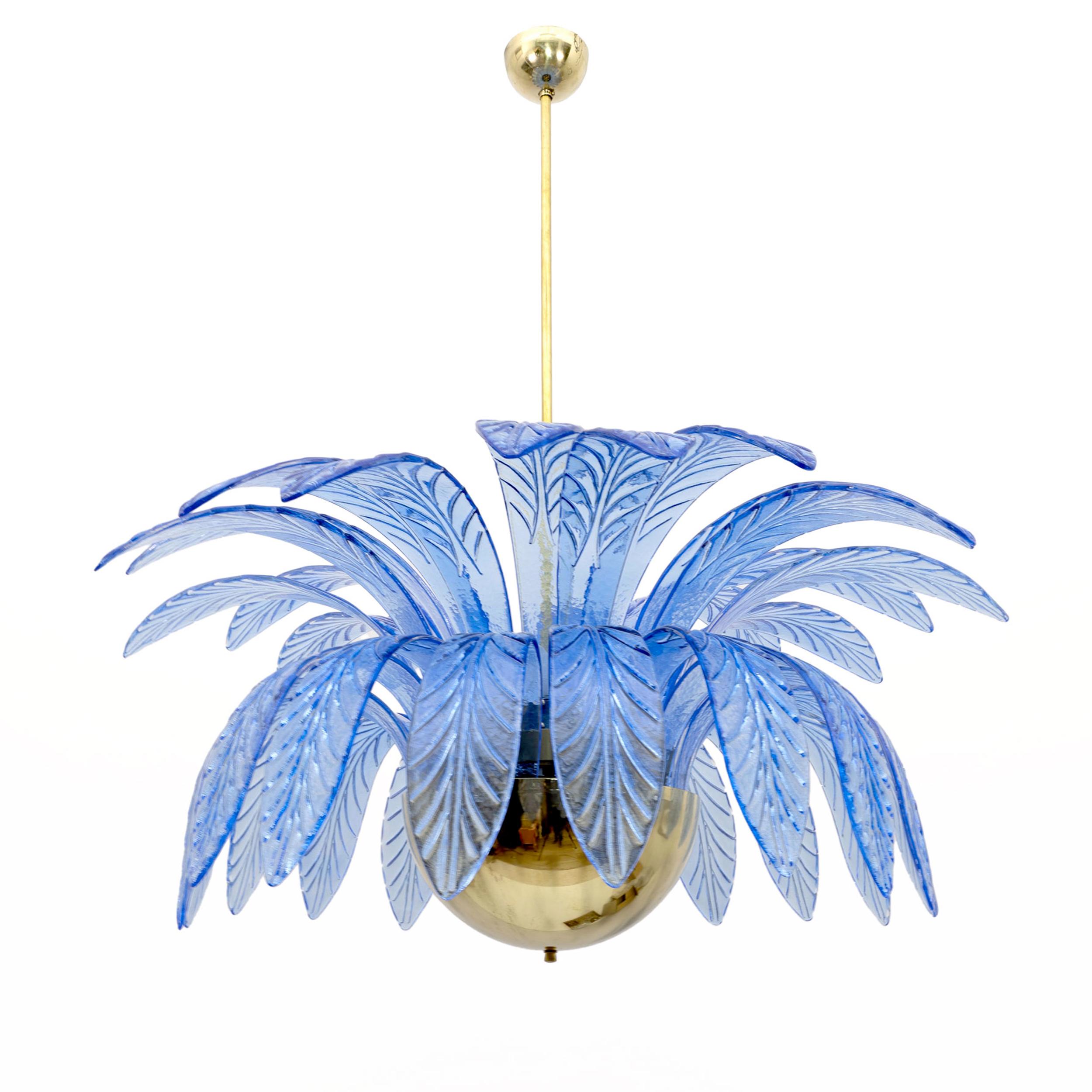 Pair of Mid-Century Modern Palm Leaves Big Chandelier Murano Glass and Brass 2