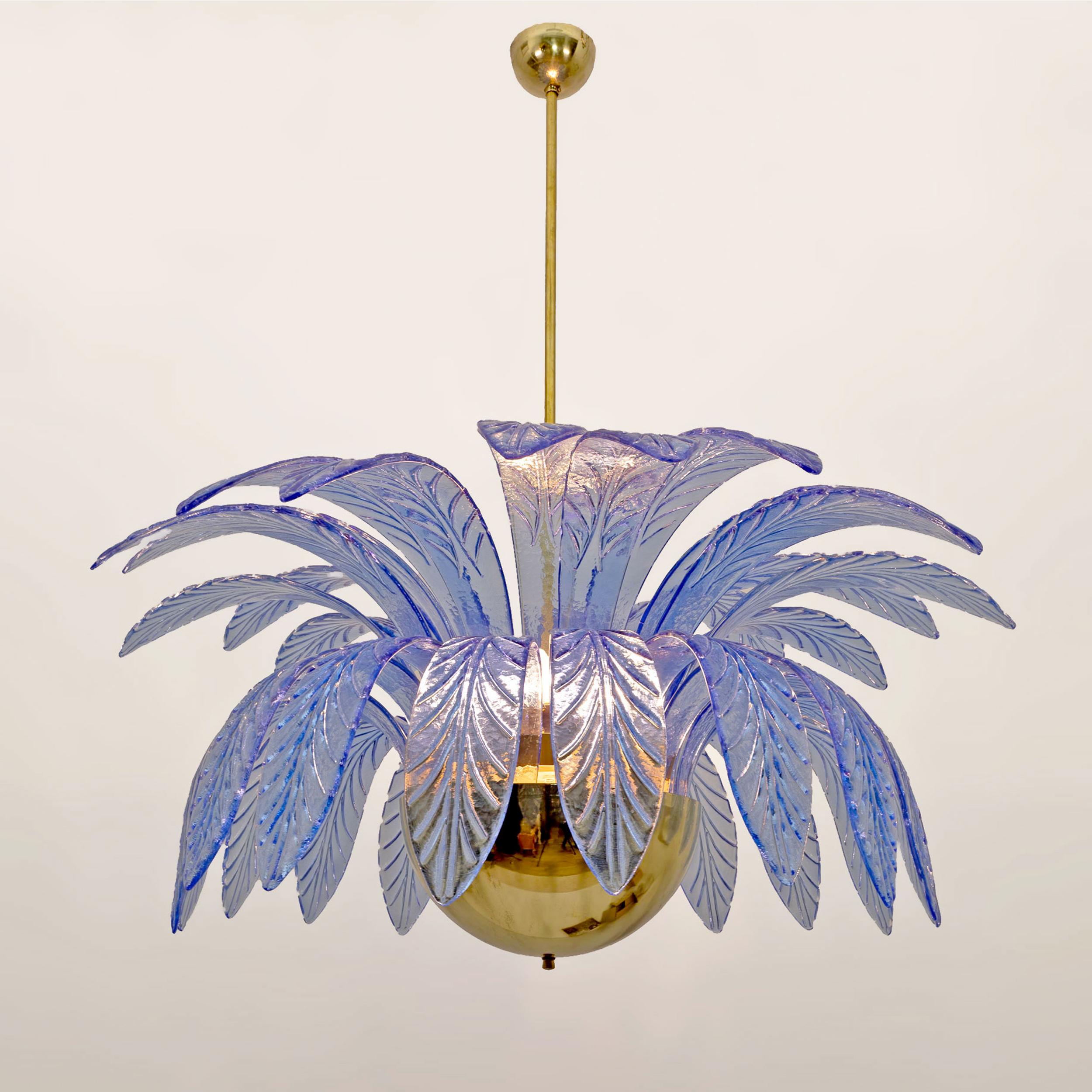 Pair of Mid-Century Modern Palm Leaves Big Chandelier Murano Glass and Brass 3
