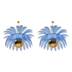 Pair of Mid-Century Modern Palm Leaves Big Chandelier Murano Glass and Brass
