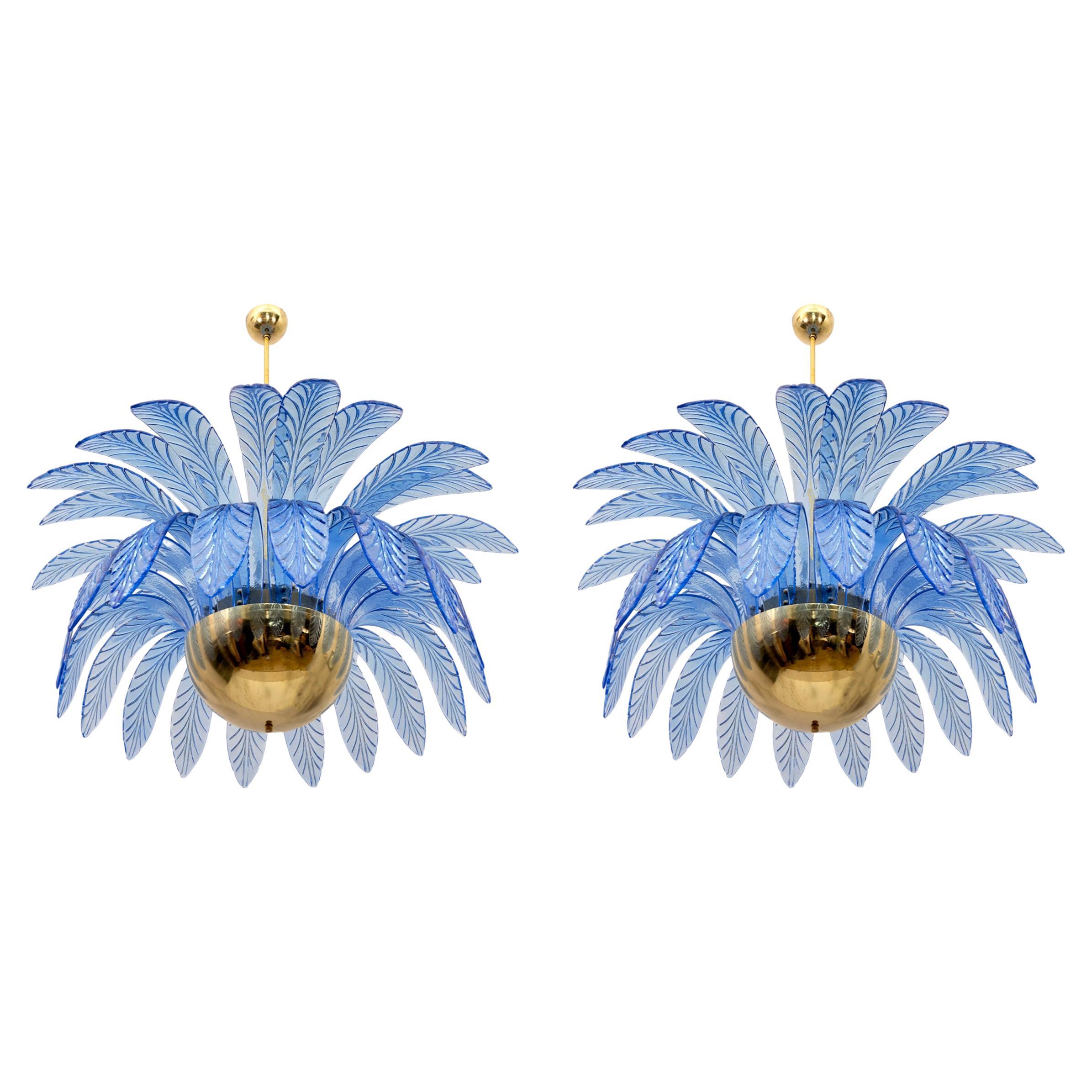 Pair of Mid-Century Modern Palm Leaves Big Chandelier Murano Glass and Brass