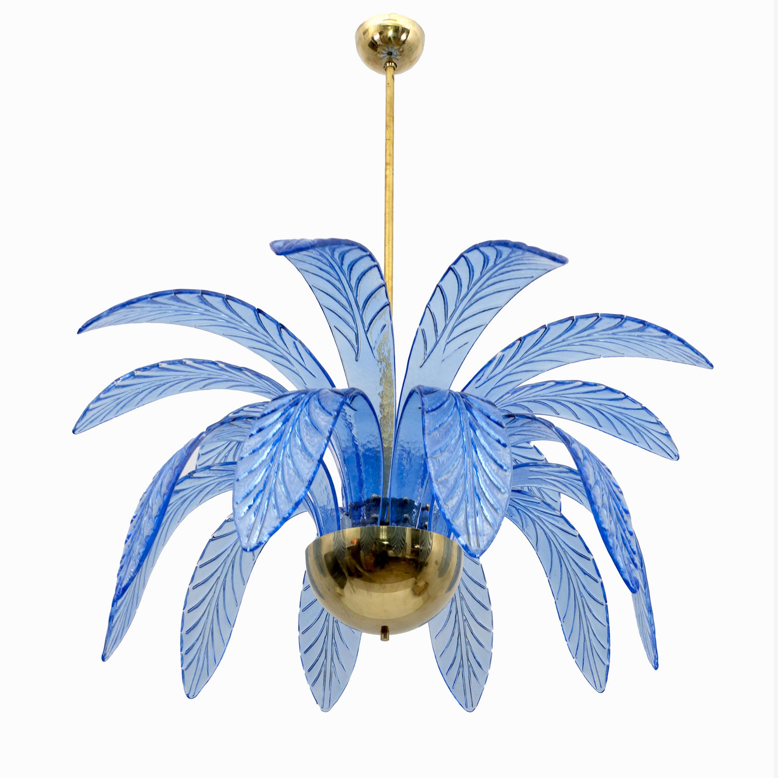 Pair of mouth-blown Murano glass chandeliers, blue Murano glass leaves, brass frame, three bulbs.
The chandelier reproduces the crown of a palm tree.
Rewired with E14 or E12 socket for the USA