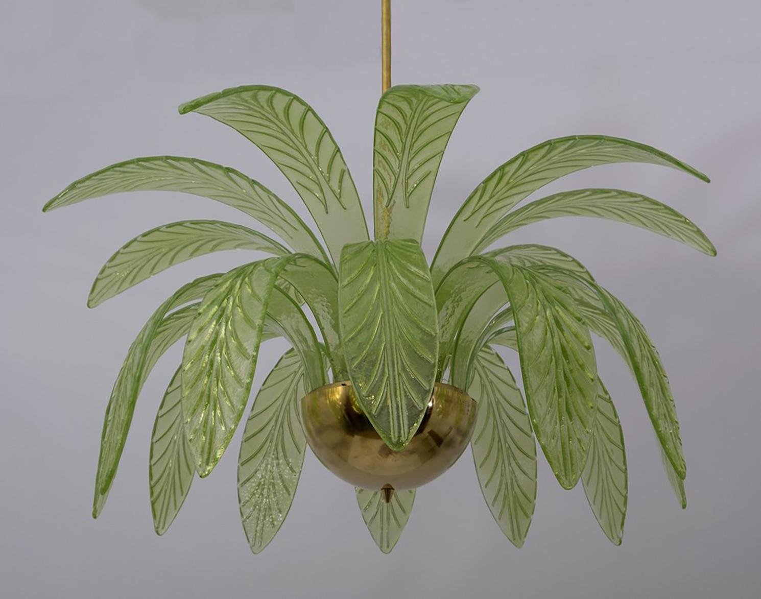 Pair of Mid-Century Modern Palm Leaves Chandelier Murano Glass and Brass, 1970s 1