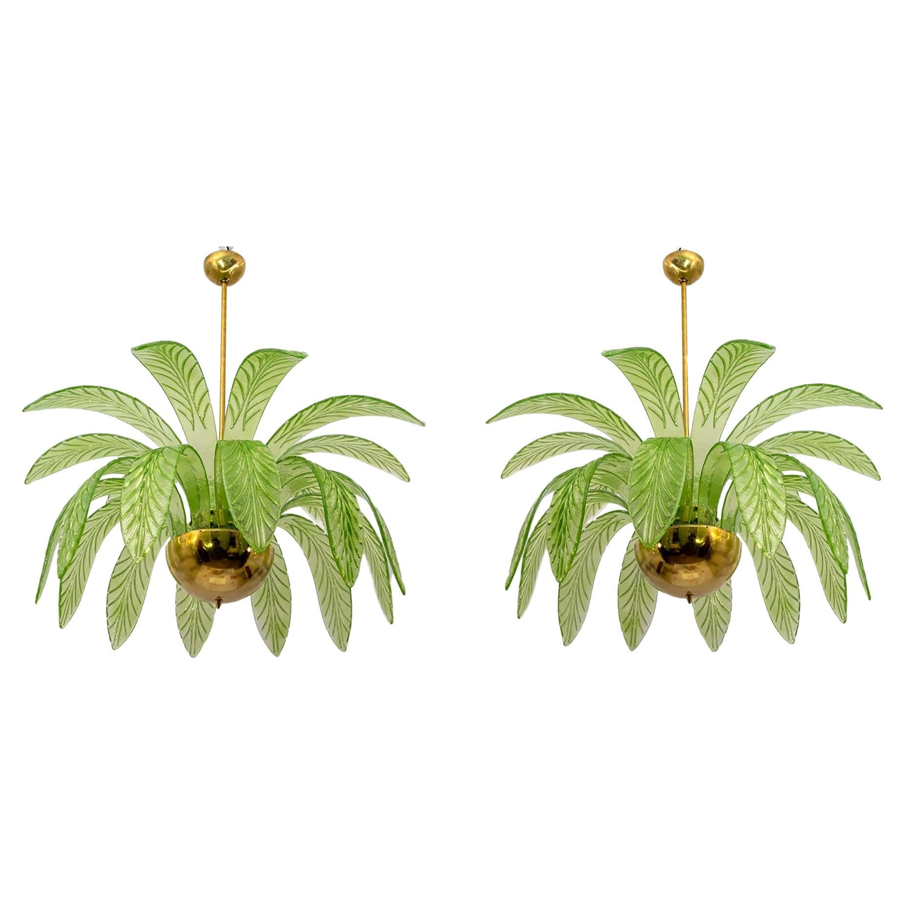 Pair of Mid-Century Modern Palm Leaves Chandelier Murano Glass and Brass, 1970s