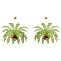 Vintage Pair of Mid-Century Modern Palm Leaves Chandelier Murano Glass and Brass, 1970s