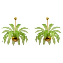Pair of Mid-Century Modern Palm Leaves Chandelier Murano Glass and Brass, 1970s