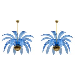 Pair of Mid-Century Modern Palm Leaves Chandelier Murano Glass and Brass, 1970s
