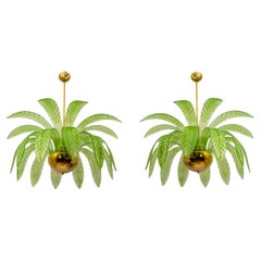 Pair of Mid-Century Modern Palm Leaves Chandelier Murano Glass and Brass