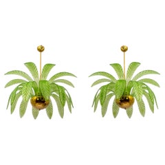 Pair of Mid-Century Modern Palm Leaves Chandelier Murano Glass and Brass