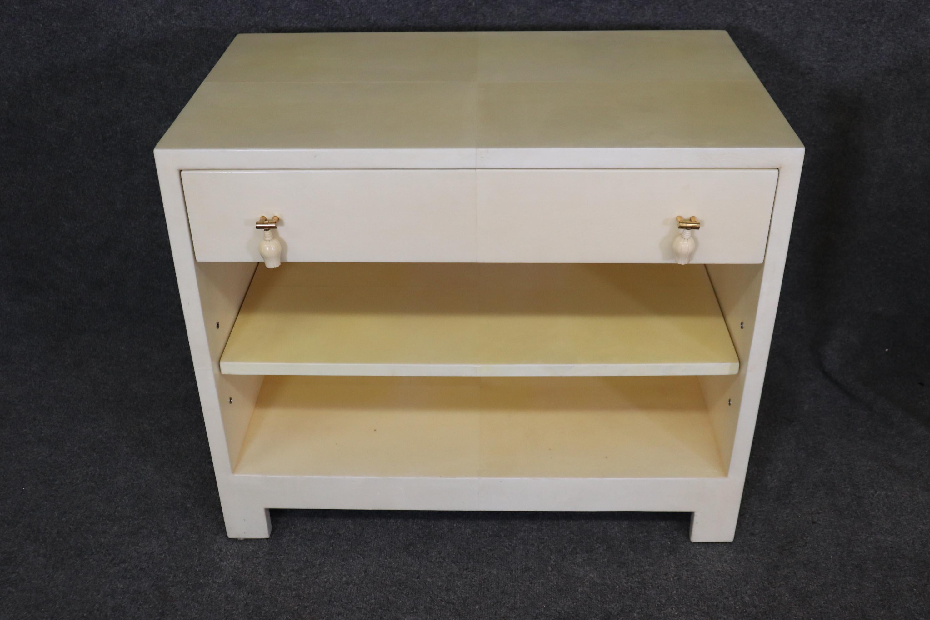 Pair of Mid Century Modern Parchment Veneered Karl Springer Style Nightstands 3