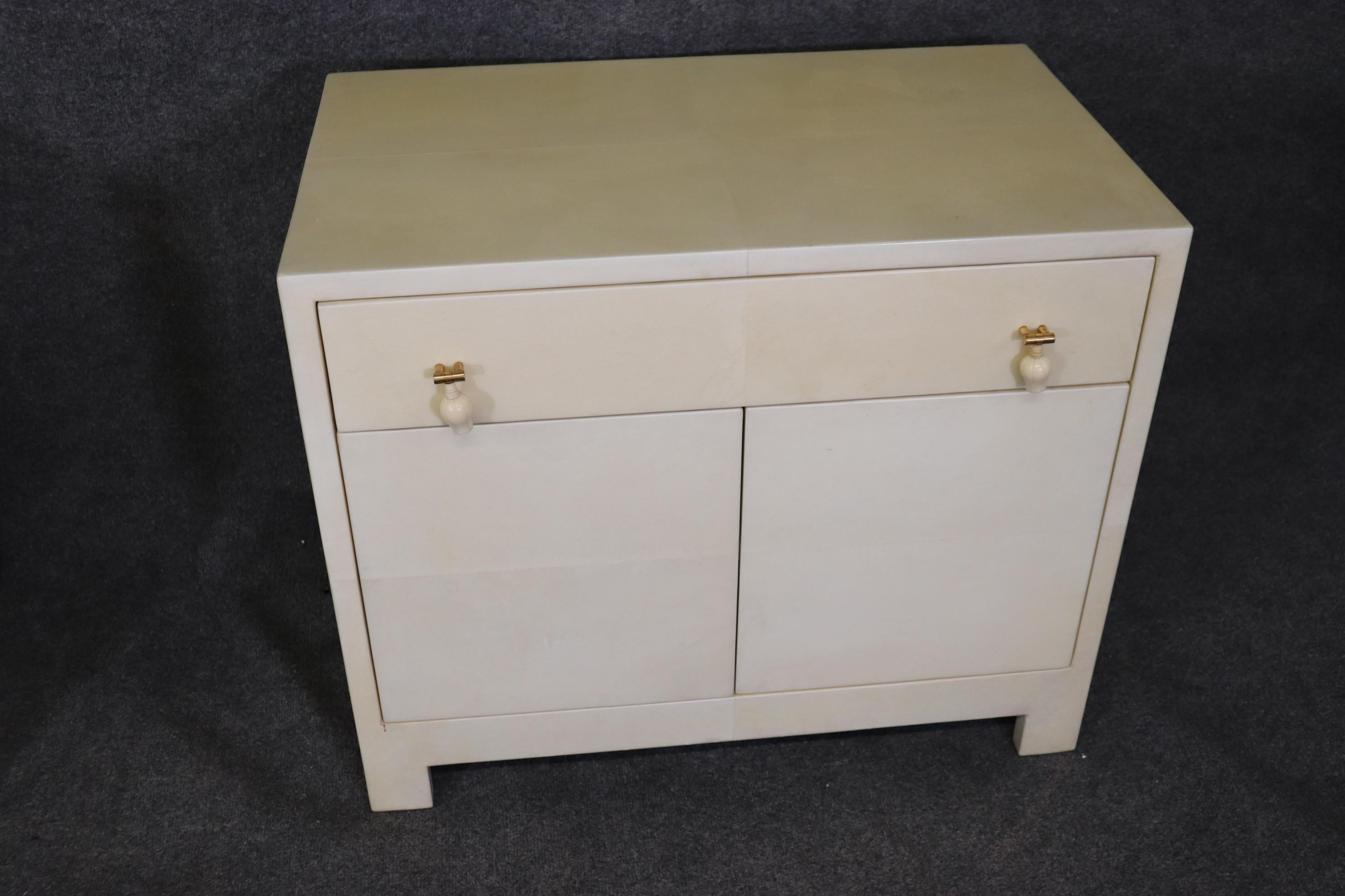 Pair of Mid Century Modern Parchment Veneered Karl Springer Style Nightstands 4