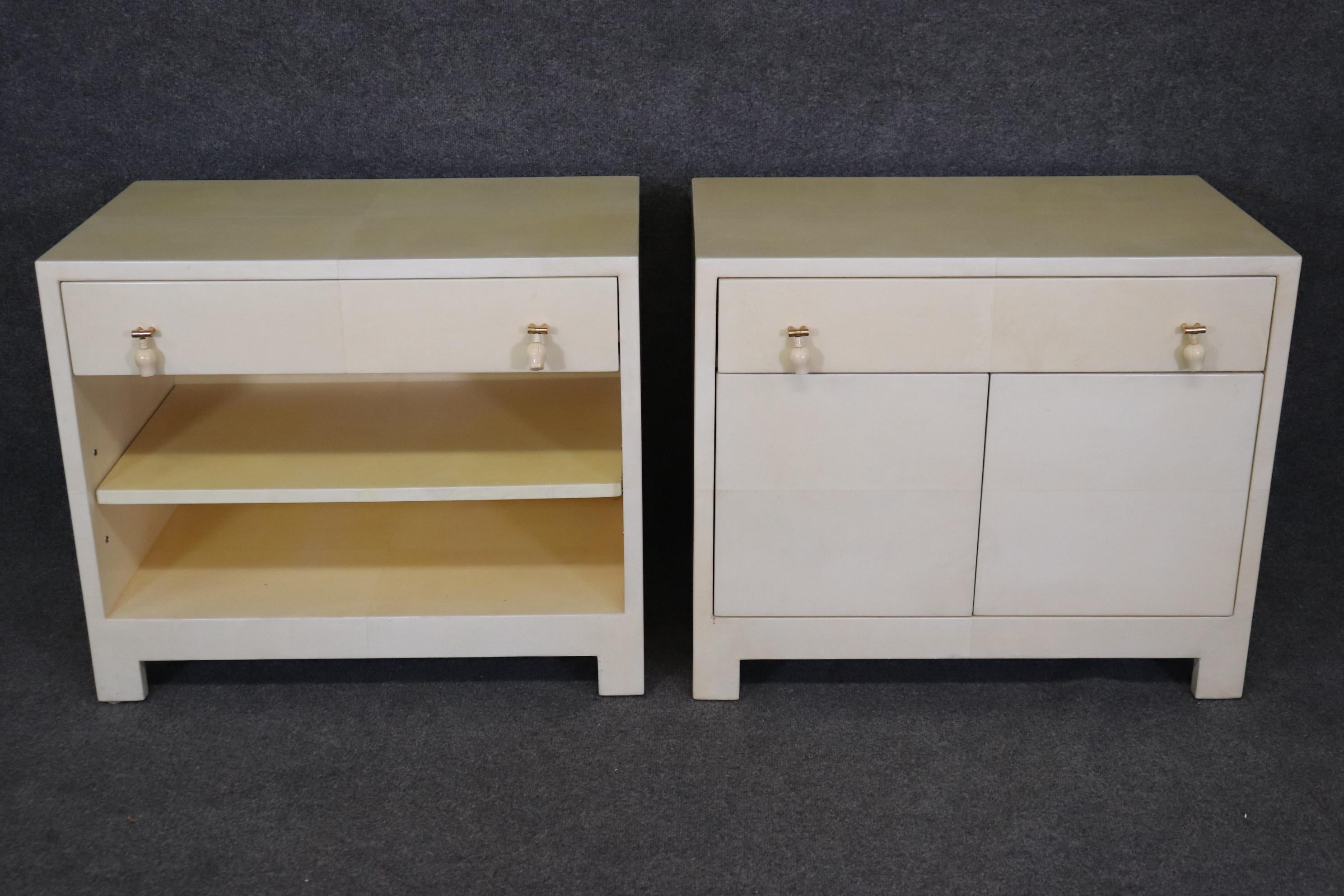 Unknown Pair of Mid Century Modern Parchment Veneered Karl Springer Style Nightstands