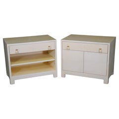 Pair of Mid Century Modern Parchment Veneered Karl Springer Style Nightstands