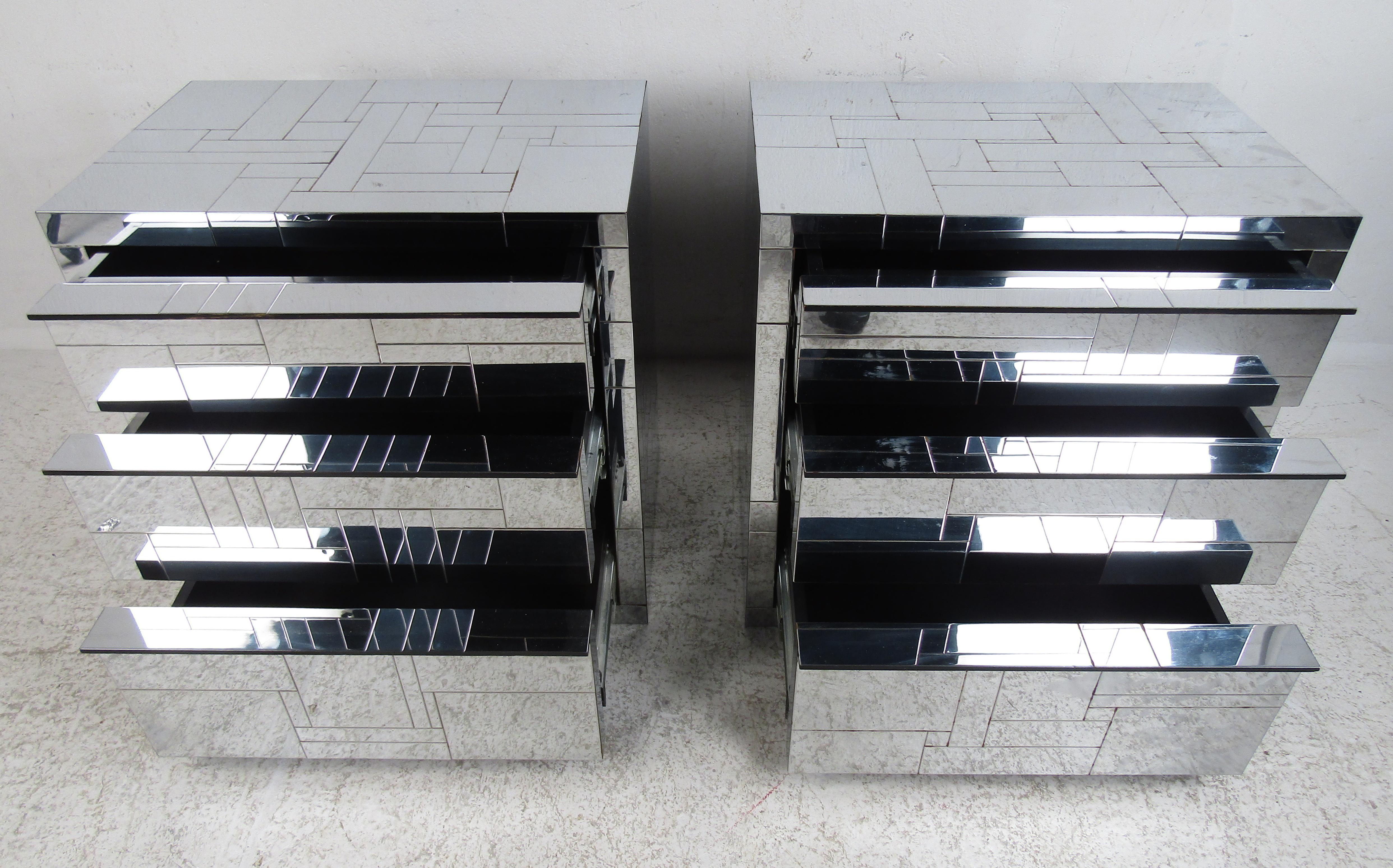Chrome Pair of Mid-Century Modern Patchwork Floating Nightstands by Paul Evans