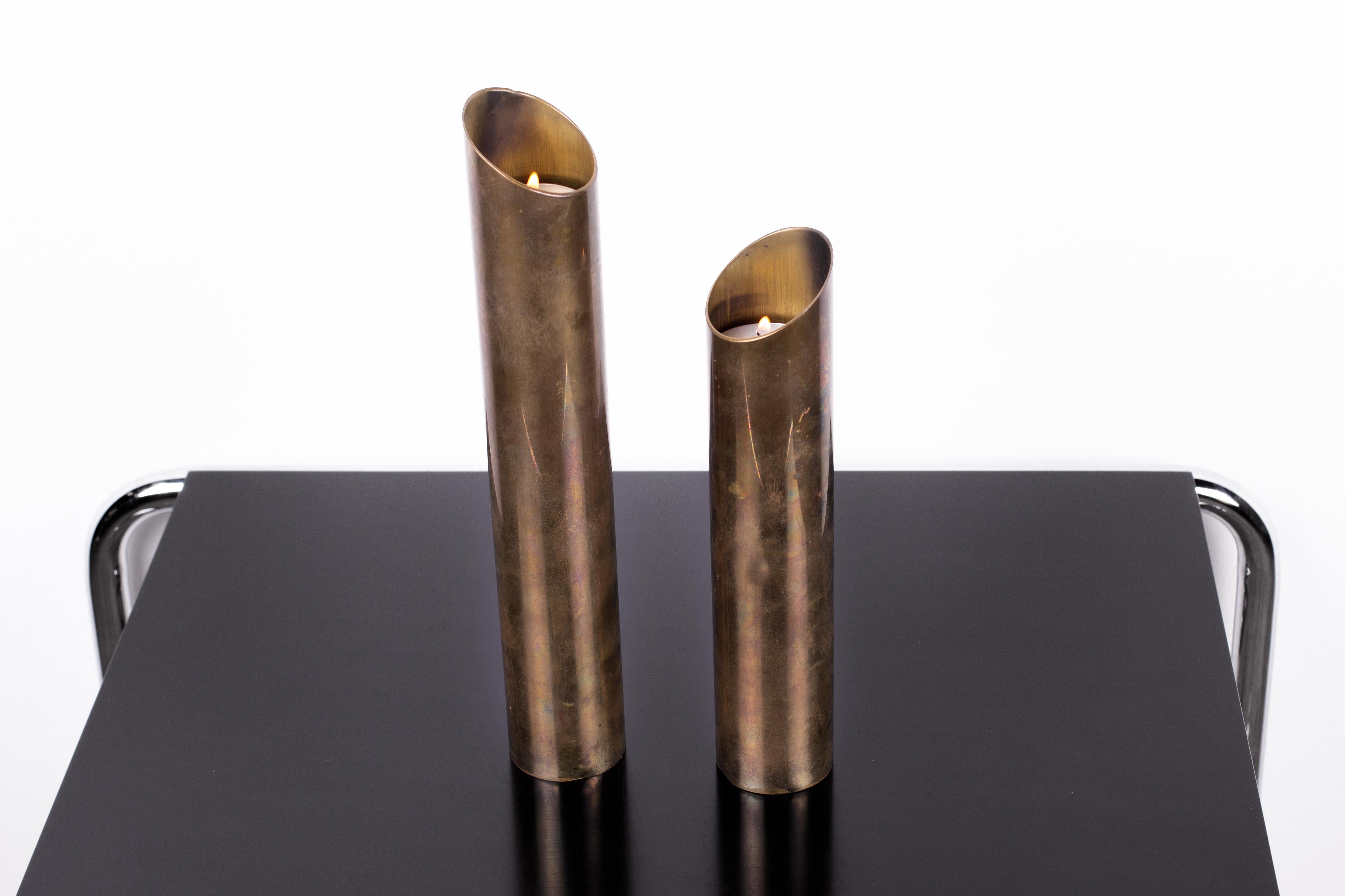 Scandinavian Pair of Mid-Century Modern Patinated Brass Tube Candlestick Holders For Sale