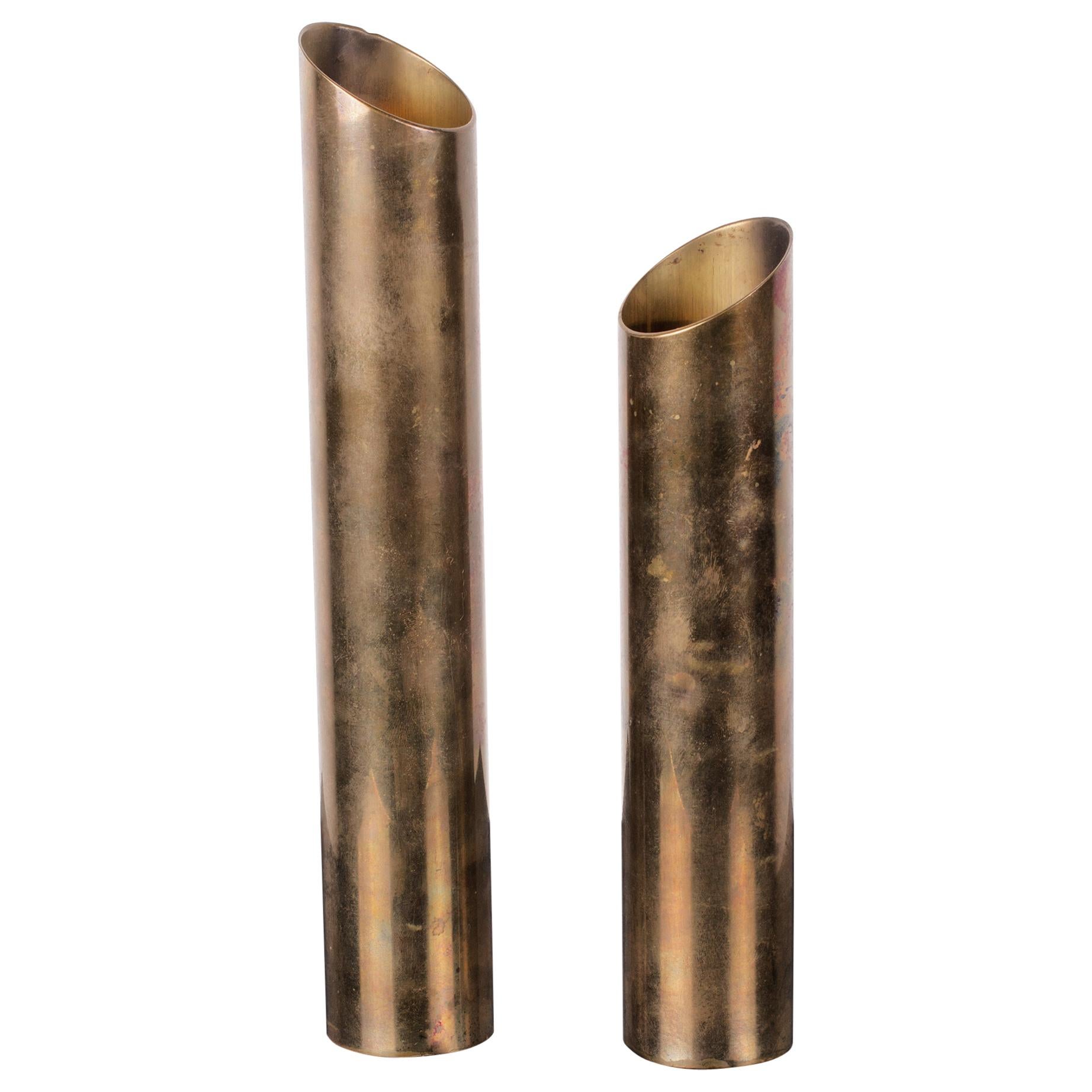 Pair of Mid-Century Modern Patinated Brass Tube Candlestick Holders For Sale