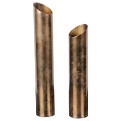 Pair of Mid-Century Modern Patinated Brass Tube Candlestick Holders
