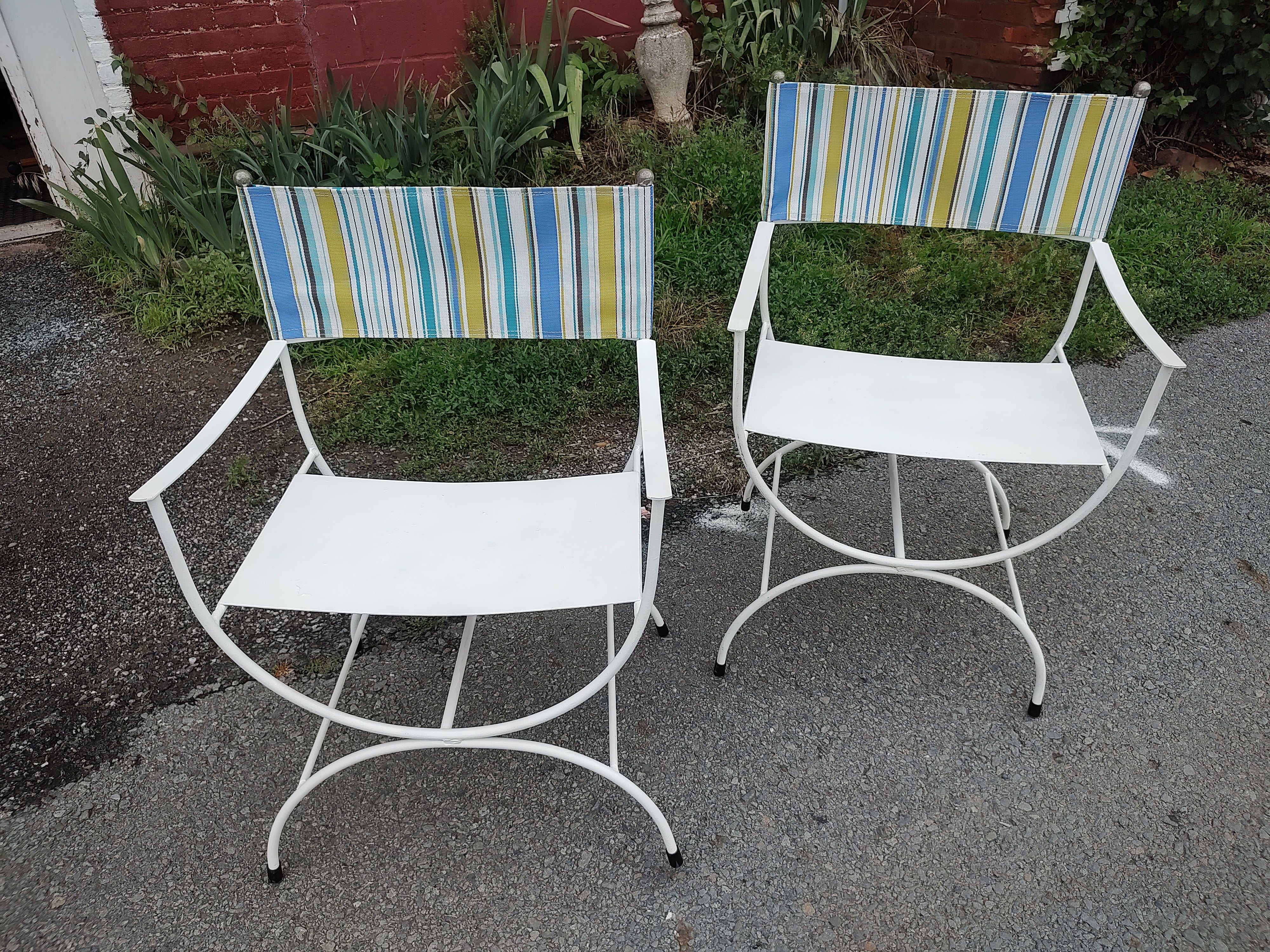 Pair of Mid Century Modern Patio Directors Chairs with Sunbrella Backs 1960 For Sale 2