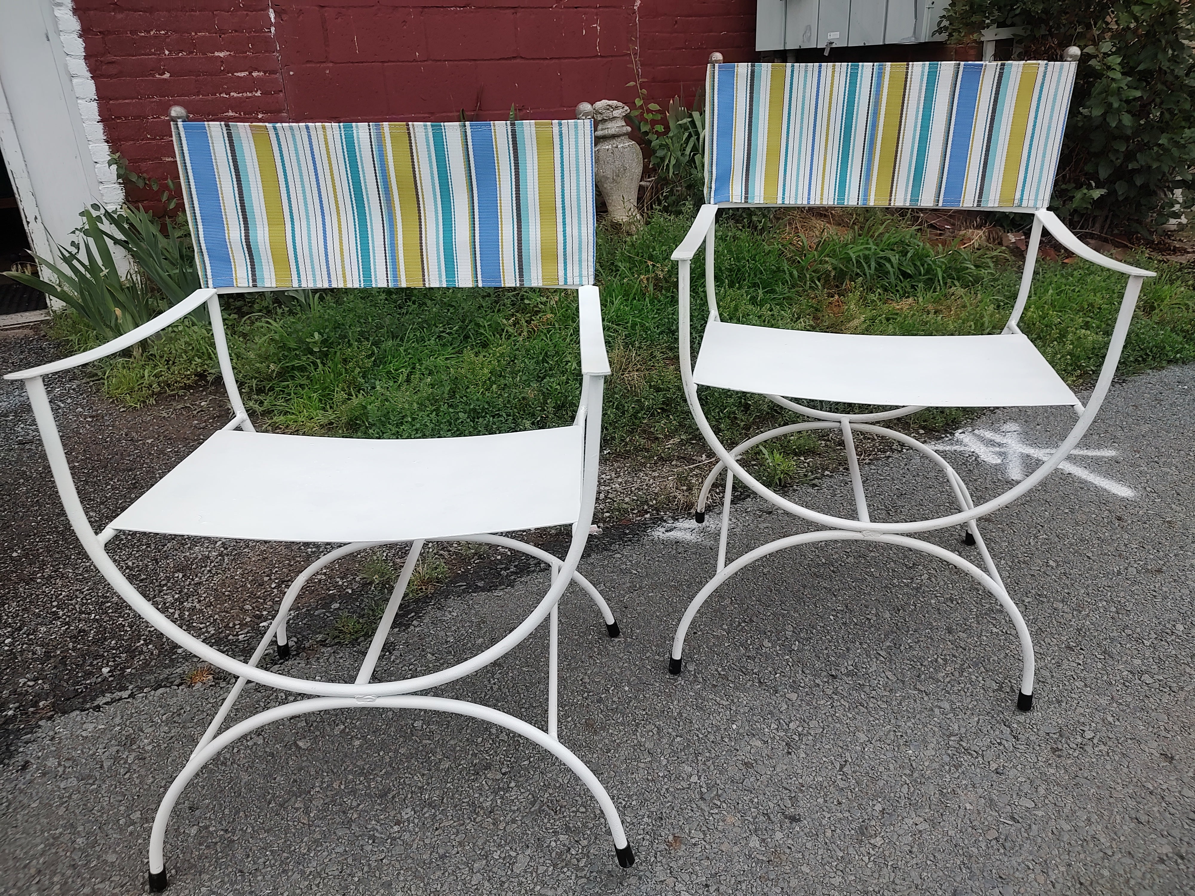 Pair of Mid Century Modern Patio Directors Chairs with Sunbrella Backs 1960 For Sale 3