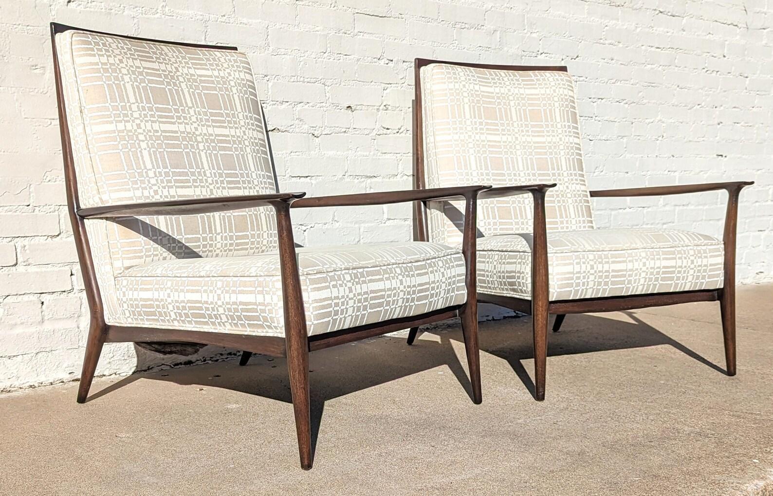 Pair of Mid Century Modern Paul McCobb for Directional Lounge Chairs

Above average vintage condition and structurally sound. Has some expected slight finish wear and scratching.  Upholstery has no tears or cuts but has some soiling and wear on both