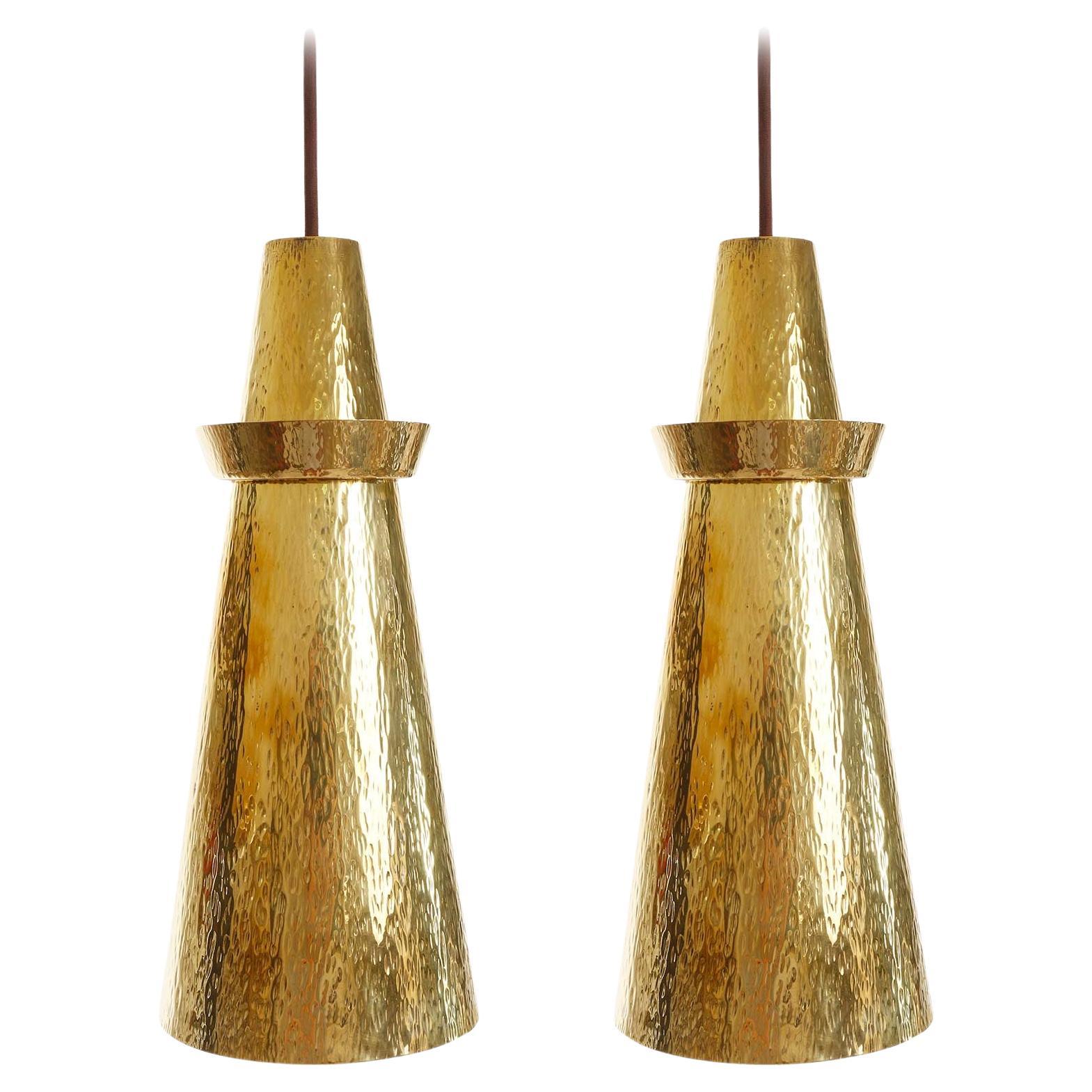 Pair of Mid-Century Modern Pendant Lights, Hammered Polished Brass, 1960s