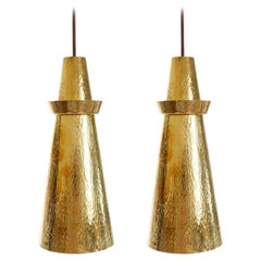 Vintage Pair of Mid-Century Modern Pendant Lights, Hammered Polished Brass, 1960s