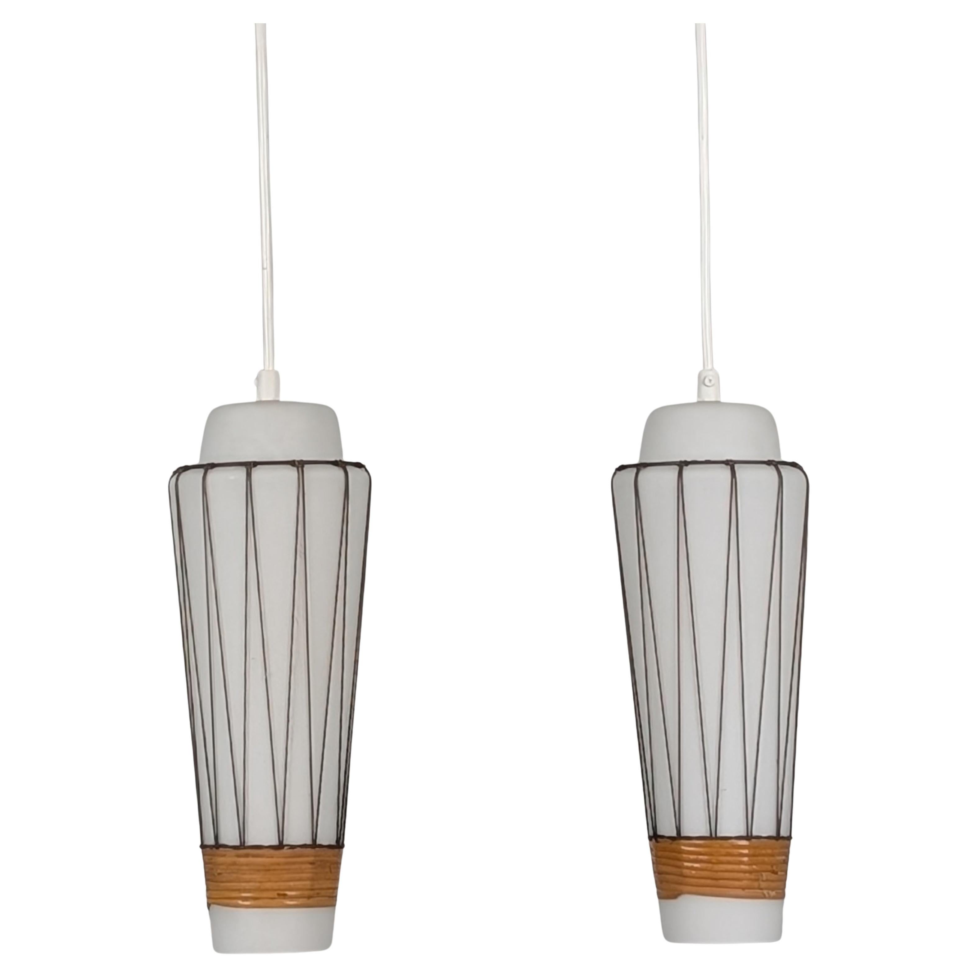 Pair of Mid-Century Modern Pendants Model K 3-3 in Glass and Rattan, Idman 1950s