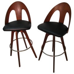 Pair of Mid-Century Modern Pierced Walnut Spoon Back Bar Stools