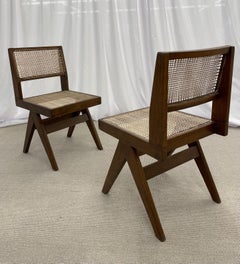 Pair of Mid-Century Modern Pierre Jeanneret Armless Dining Chairs, Teak, Cane