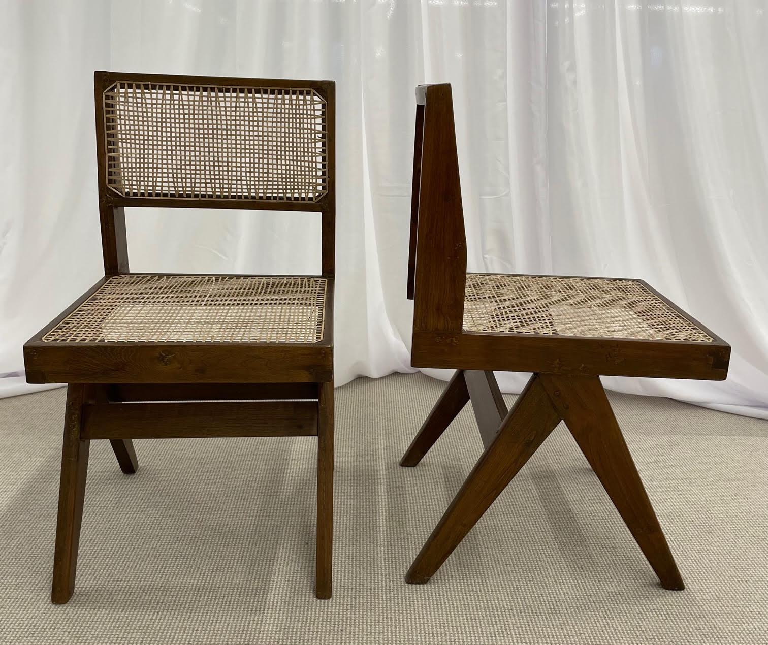 Indian Pair of Mid-Century Modern Pierre Jeanneret Armless Dining Chairs, Teak, Cane