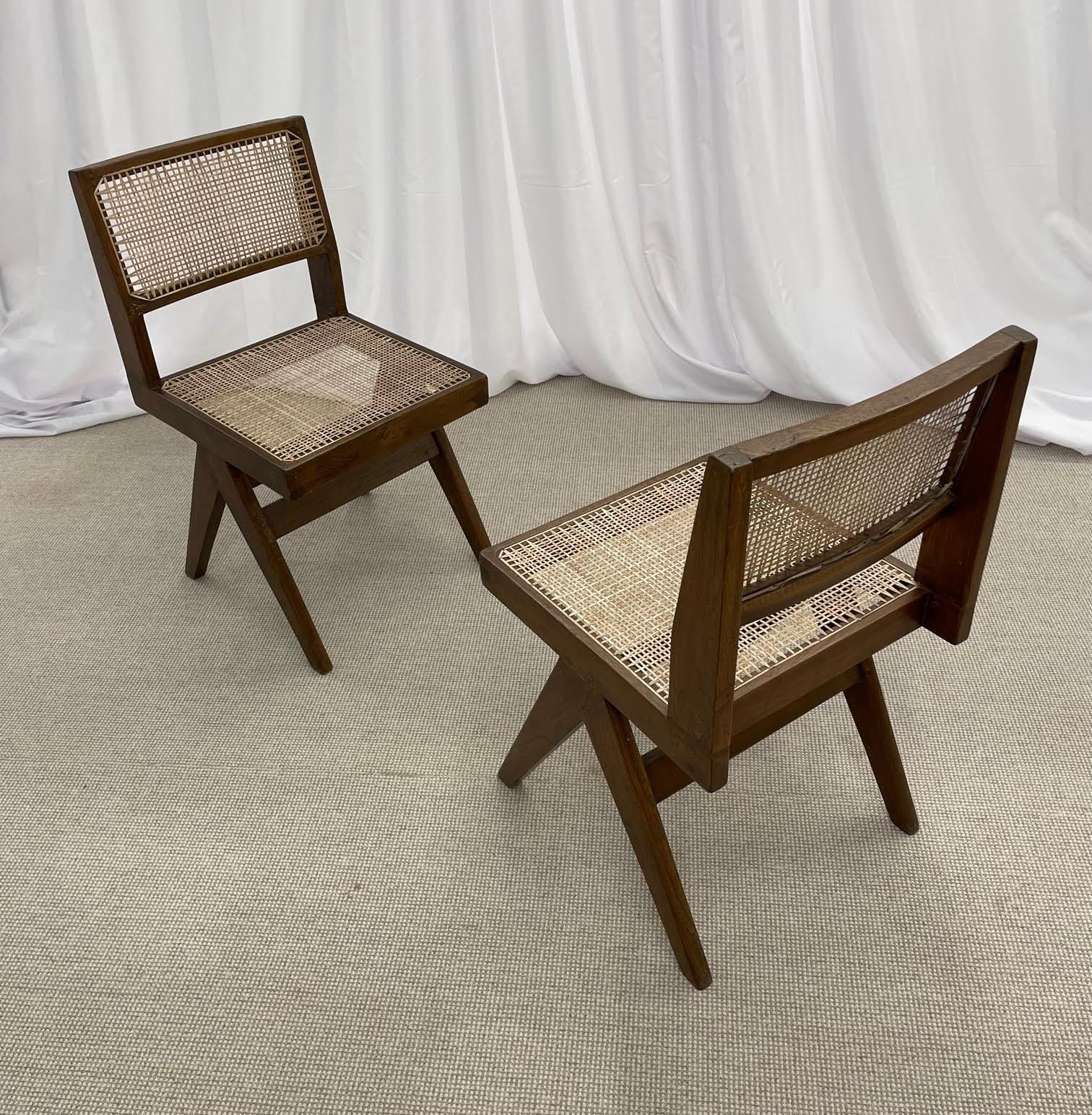 Mid-20th Century Pair of Mid-Century Modern Pierre Jeanneret Armless Dining Chairs, Teak, Cane