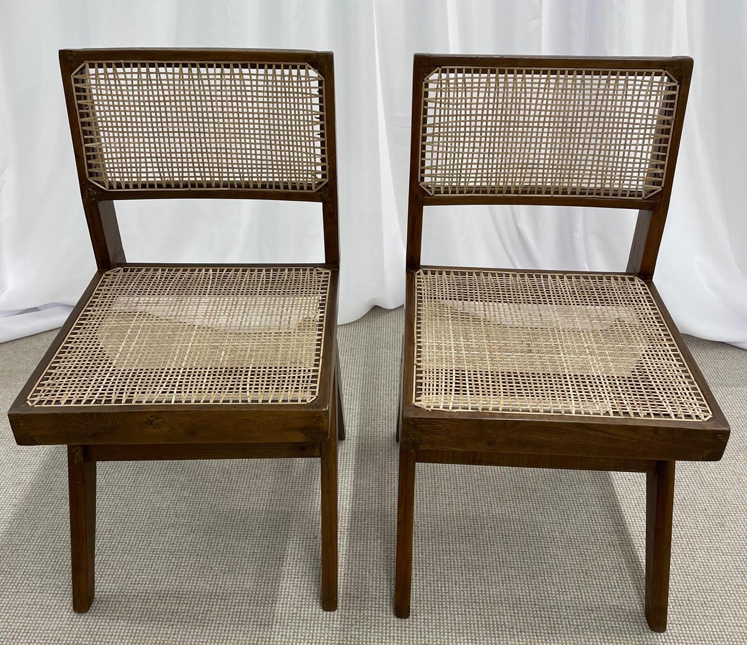 Pair of Mid-Century Modern Pierre Jeanneret Armless Dining Chairs, Teak, Cane 1
