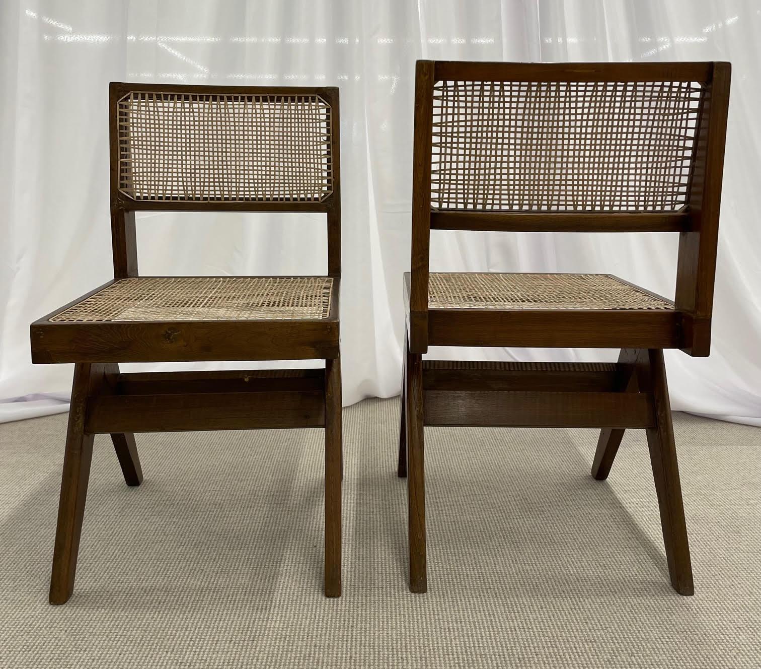 Pair of Mid-Century Modern Pierre Jeanneret Armless Dining Chairs, Teak, Cane 3