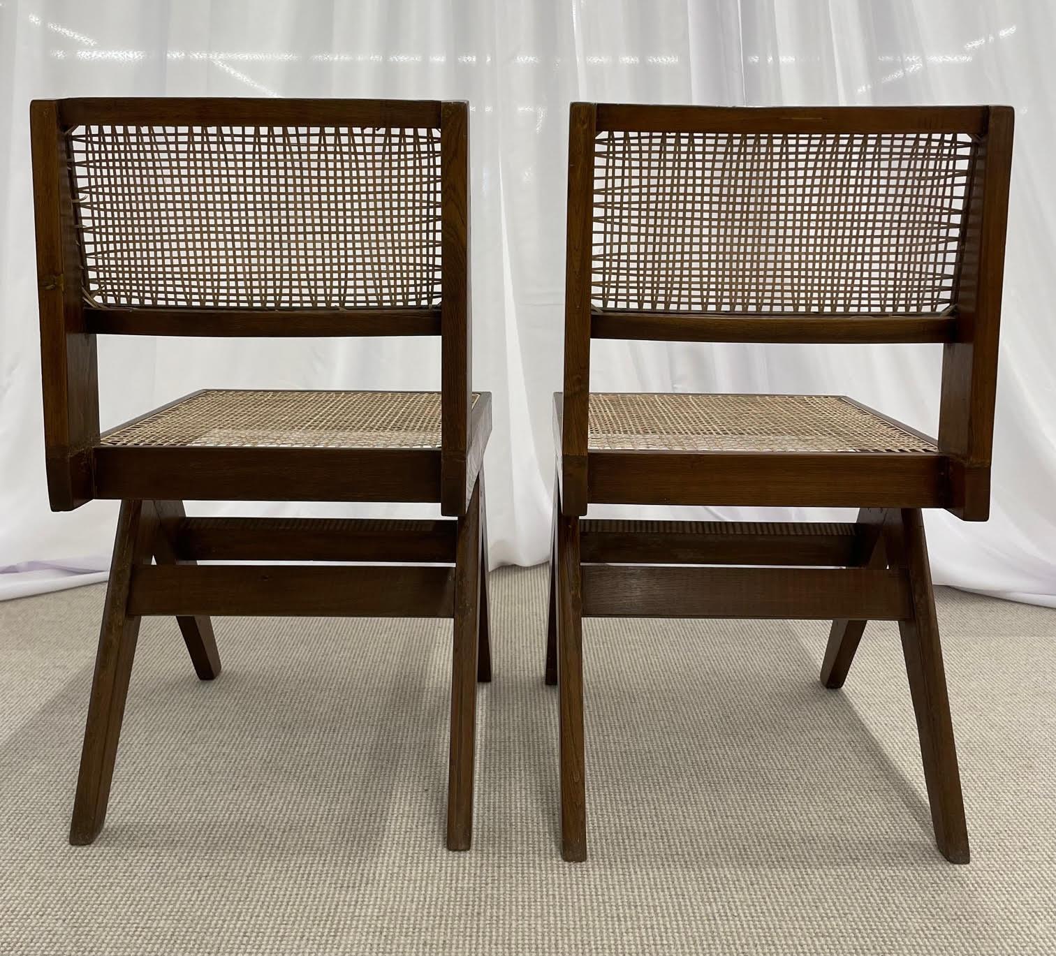 Pair of Mid-Century Modern Pierre Jeanneret Armless Dining Chairs, Teak, Cane 4