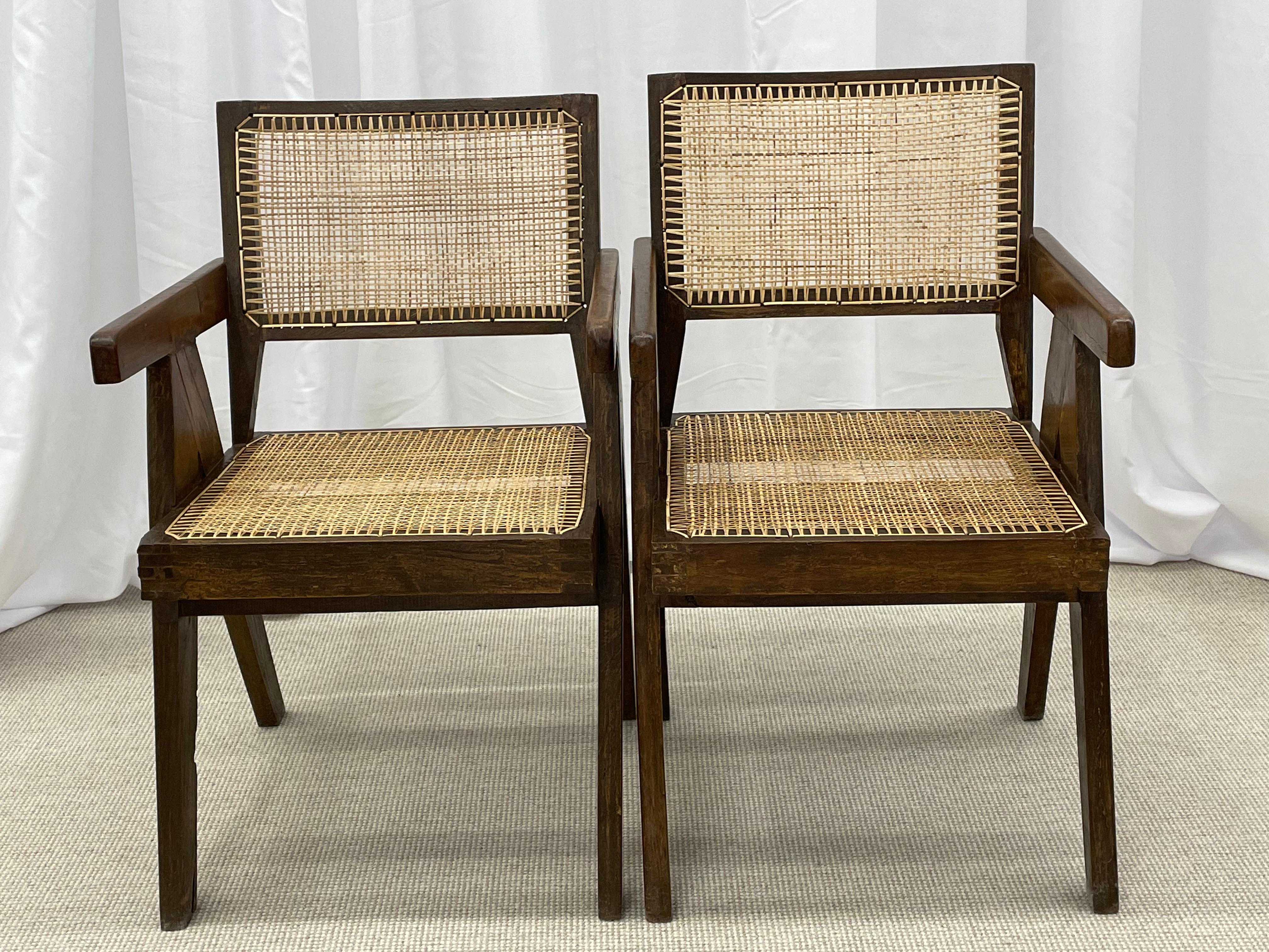 Cane Pair of Mid-Century Modern Pierre Jeanneret Office Chairs, Authentic