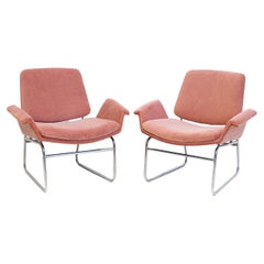 Pair of Mid-Century Modern Pink Fabric and Chrome Lounge Chairs by Arflex